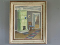 1944 Mid Century Modern Still Life Oil Painting - Interior with Green Stove