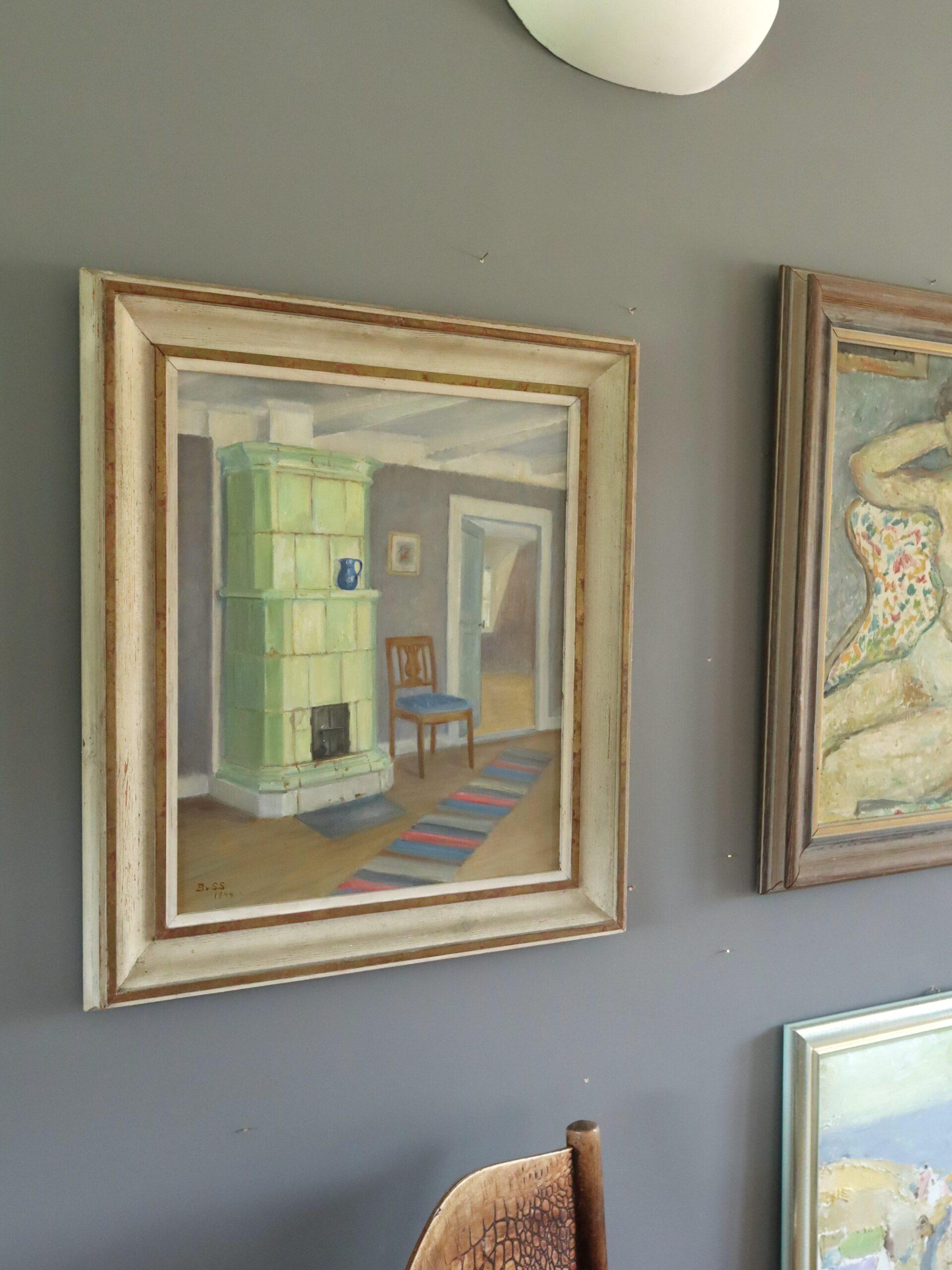 1944 Mid Century Modern Still Life Oil Painting - Interior with Green Stove For Sale 1