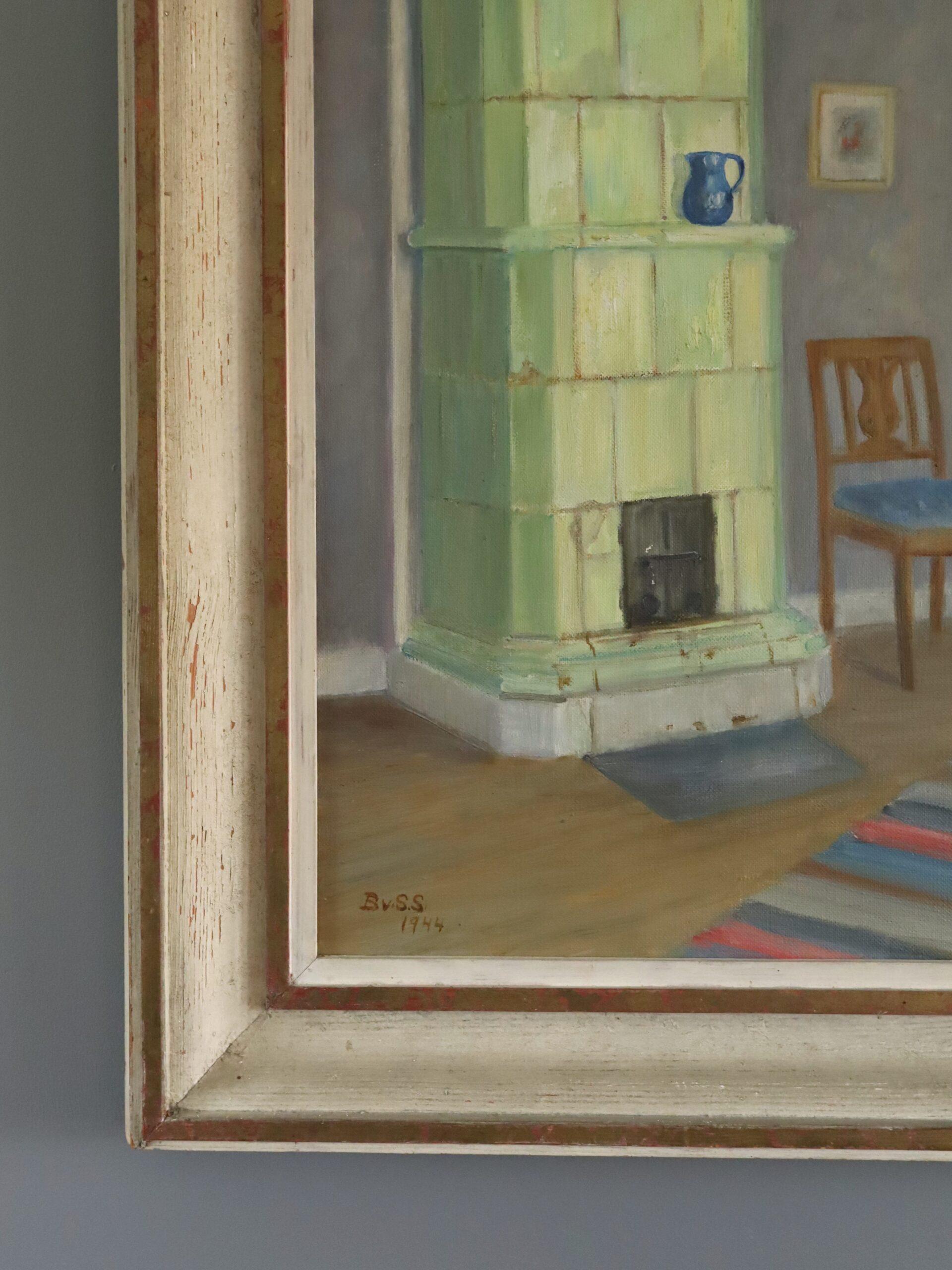 1944 Mid Century Modern Still Life Oil Painting - Interior with Green Stove For Sale 3