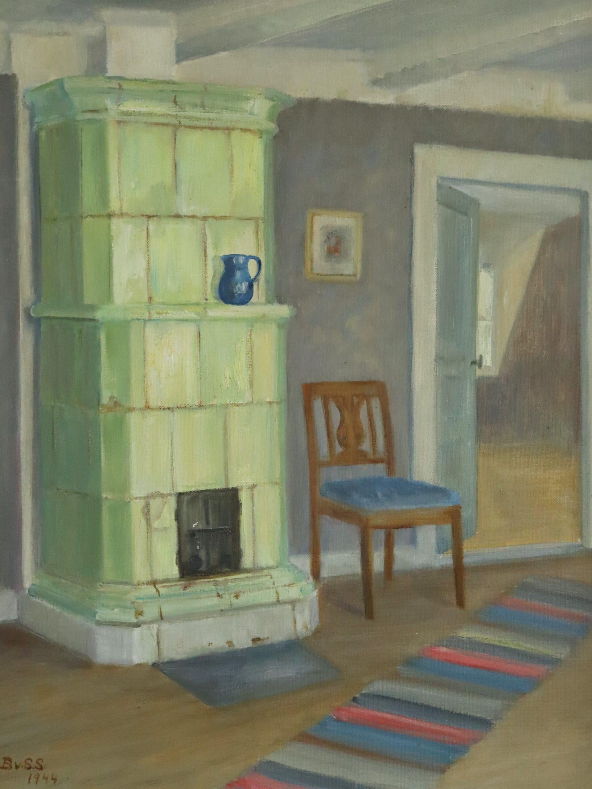 1944 Mid Century Modern Still Life Oil Painting - Interior with Green Stove For Sale 5