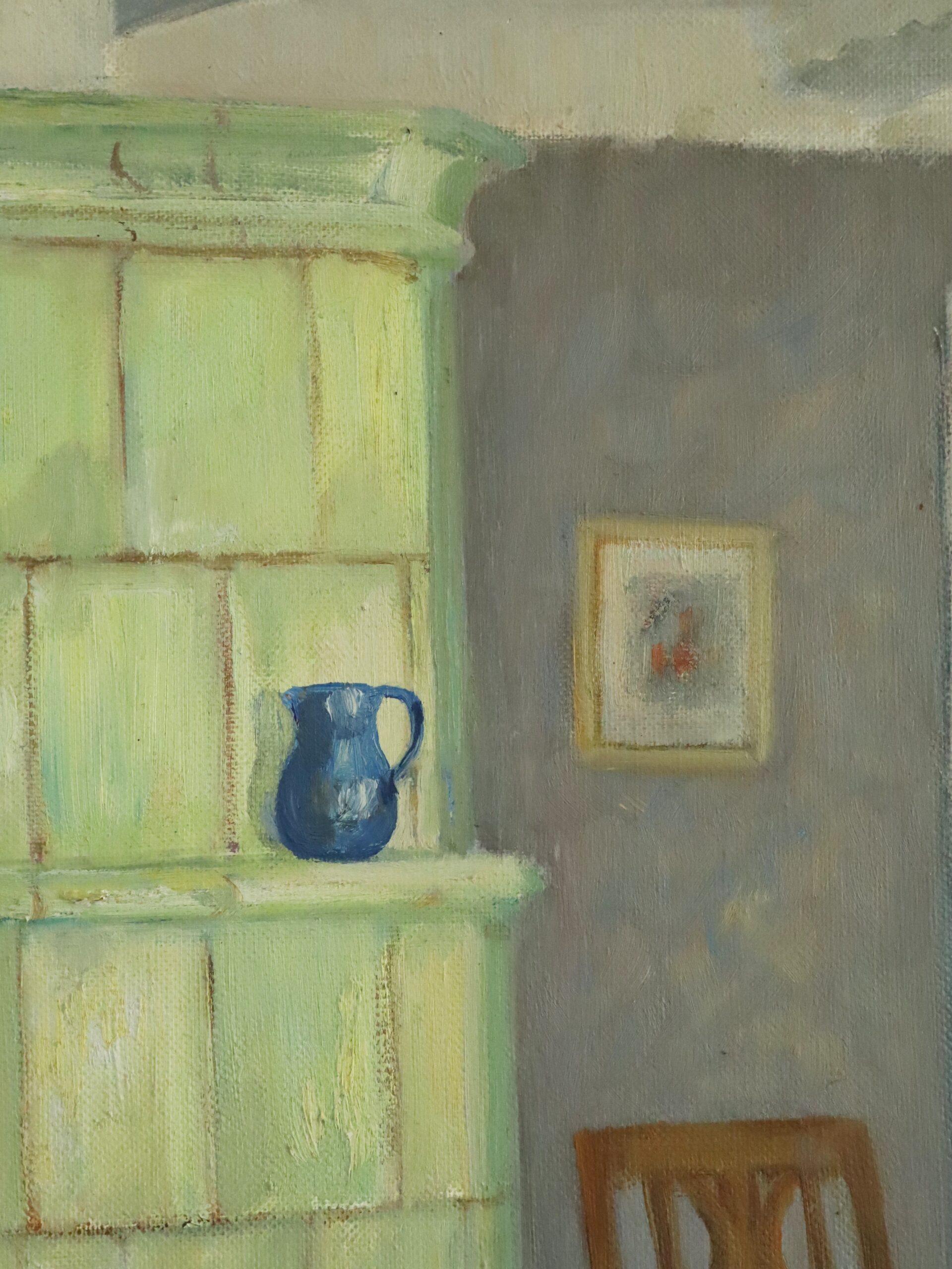 1944 Mid Century Modern Still Life Oil Painting - Interior with Green Stove For Sale 6
