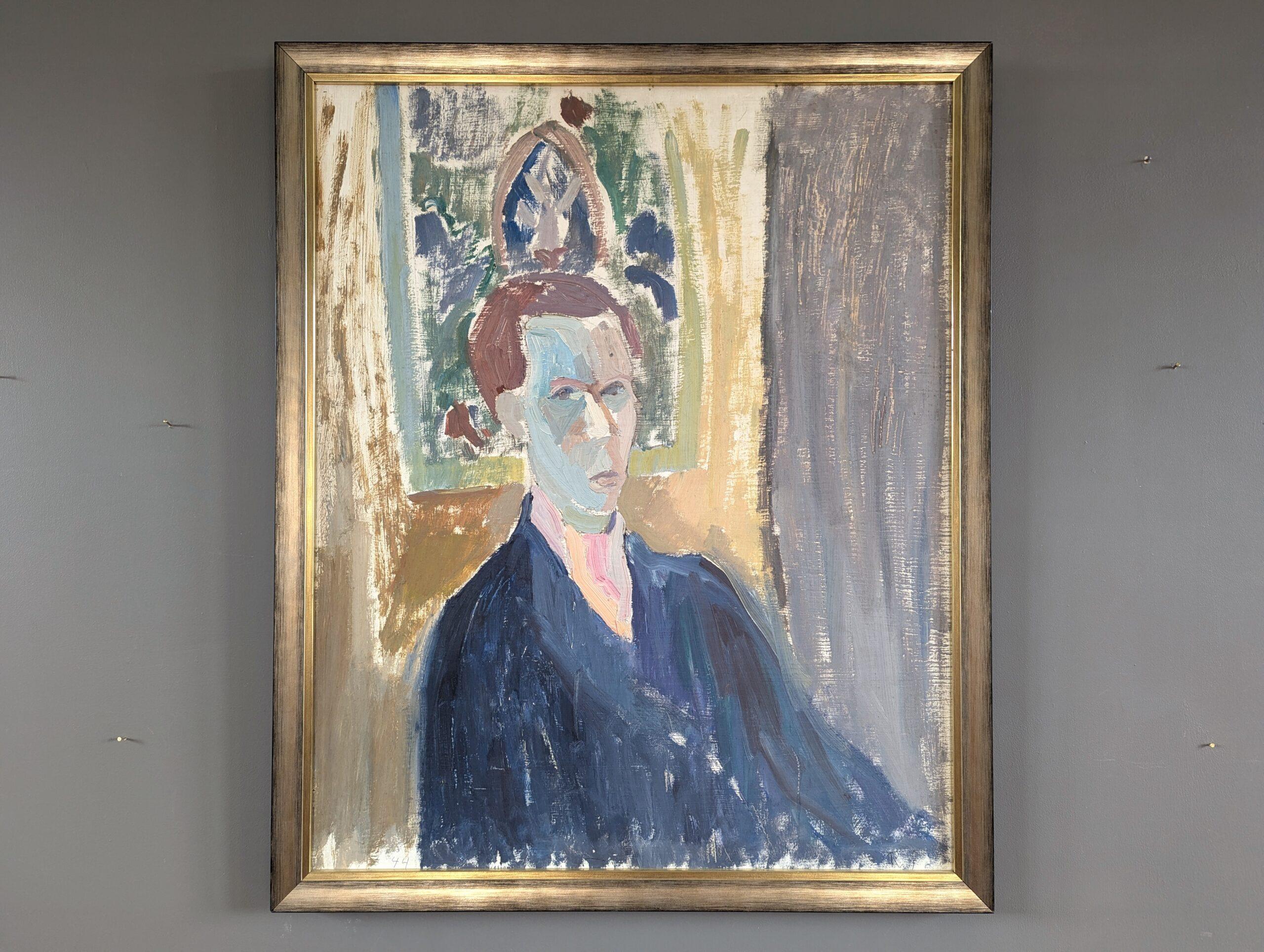 1944 Vintage Mid Century Modern Swedish Figurative Portrait Oil Painting - Oscar - Gris Portrait Painting par Unknown