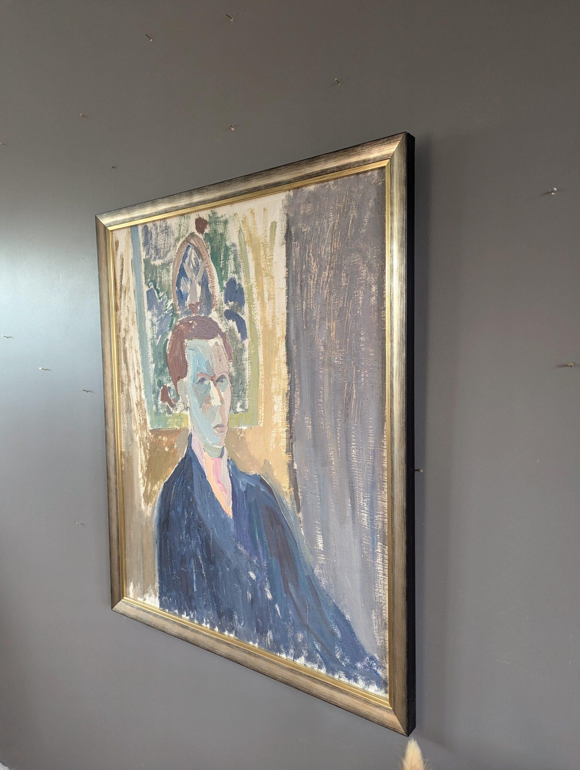 1944 Vintage Mid Century Modern Swedish Figurative Portrait Oil Painting - Oscar en vente 2