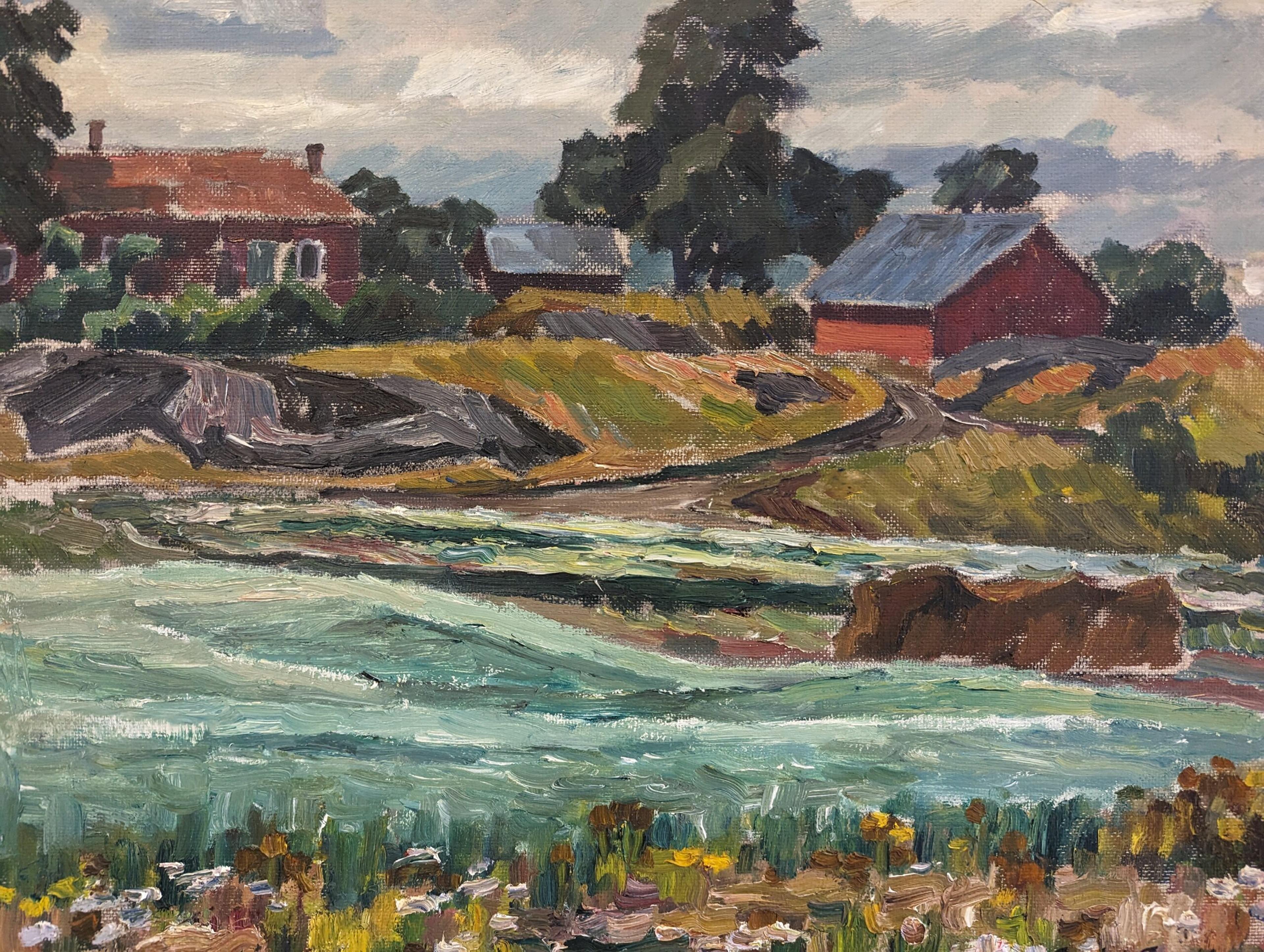 1944 Vintage Mid-Century Modern Swedish Landscape Oil Painting - Pasture Houses For Sale 8