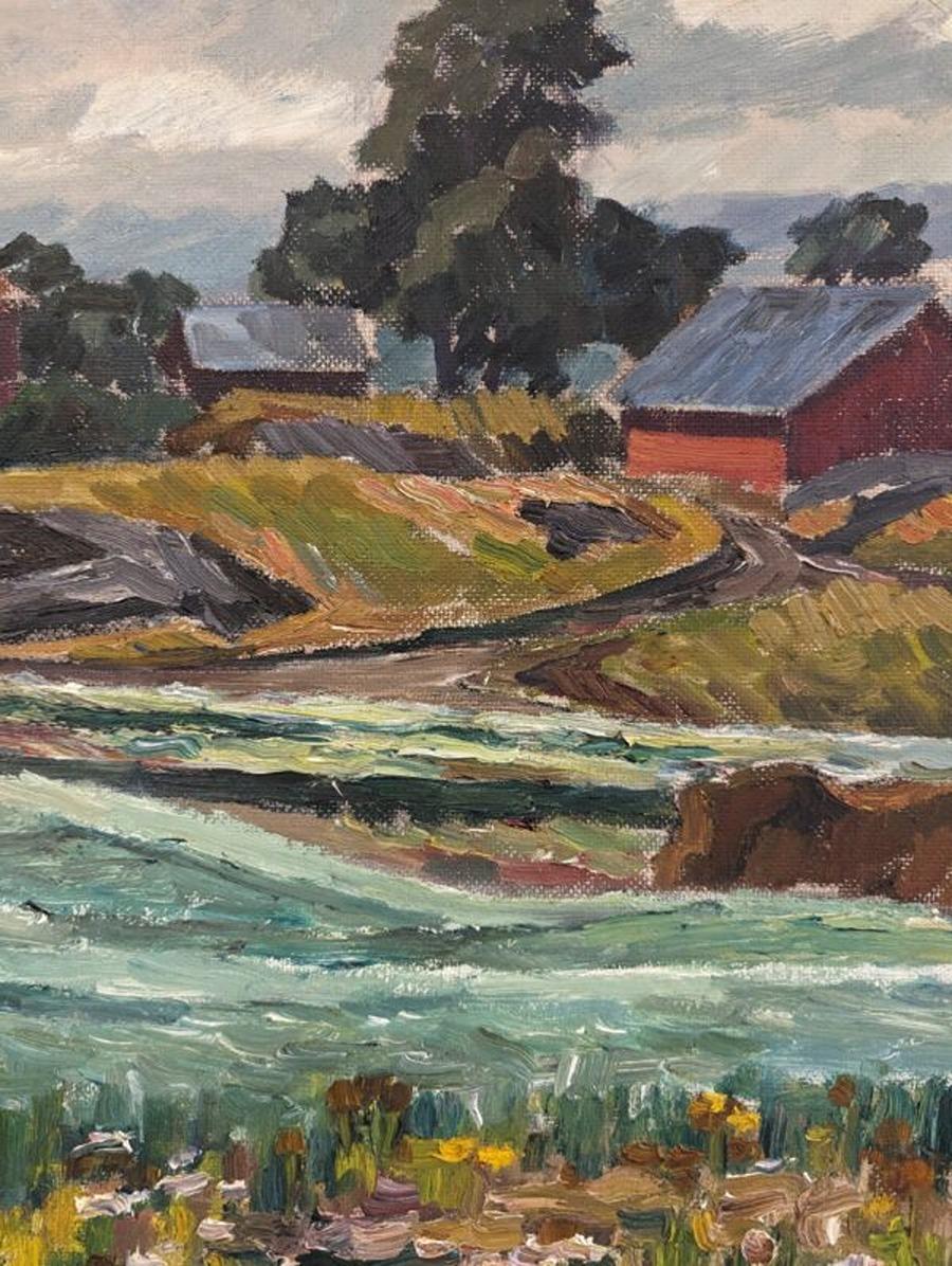 1944 Vintage Mid-Century Modern Swedish Landscape Oil Painting - Pasture Houses For Sale 10