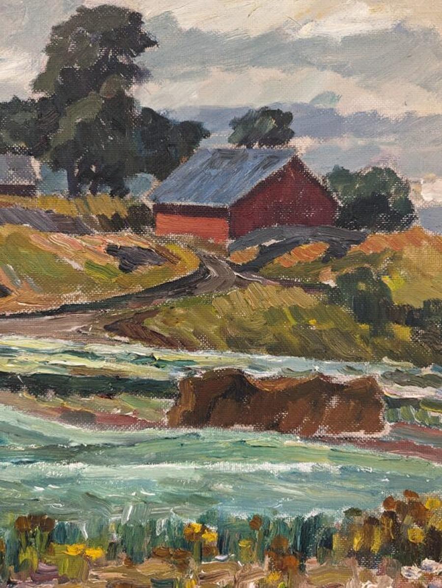 1944 Vintage Mid-Century Modern Swedish Landscape Oil Painting - Pasture Houses For Sale 11