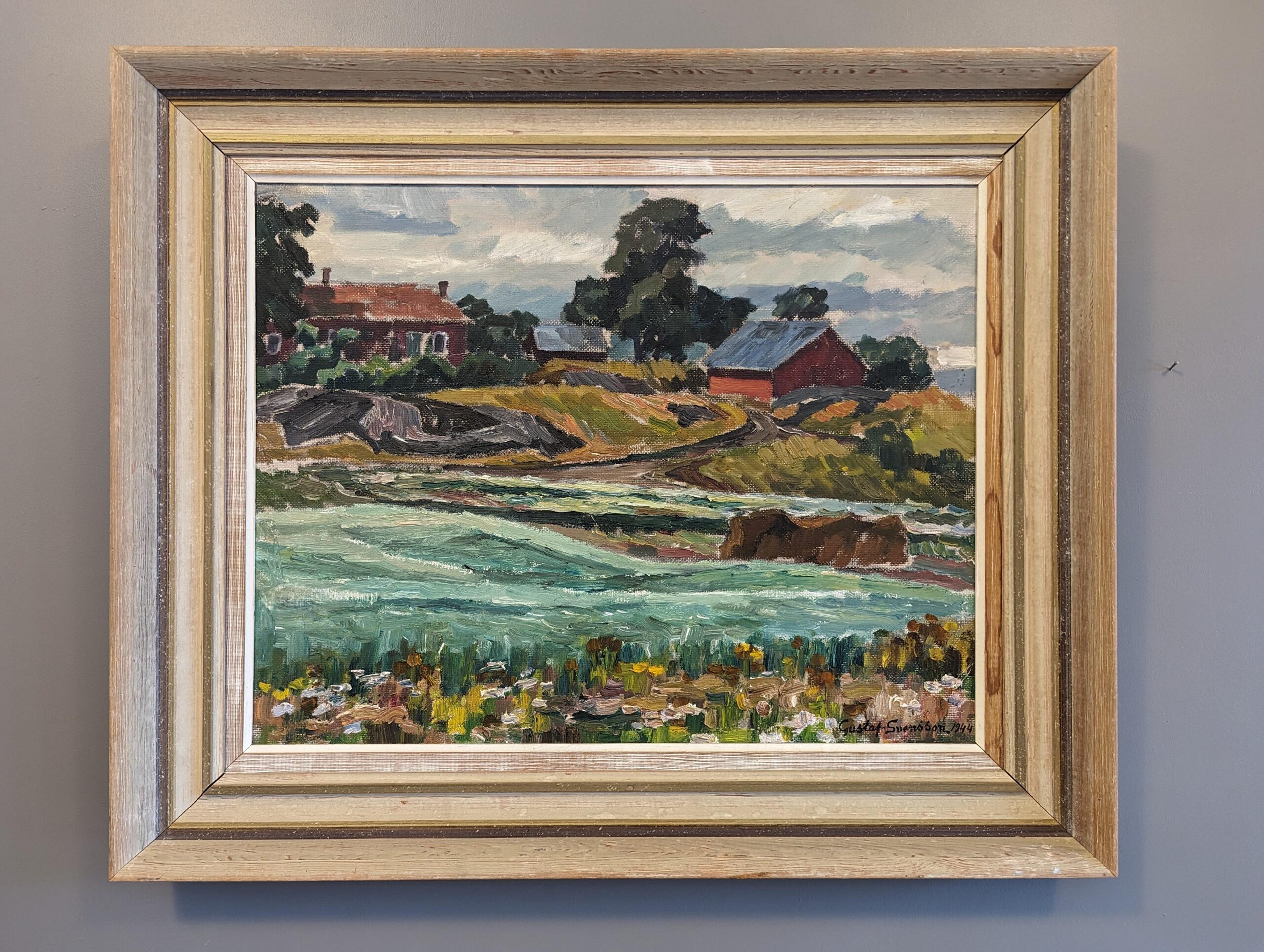 PASTURE HOUSES
Size: 56 x 67.5 cm (including frame)
Oil on Board

A richly coloured mid-century modernist landscape composition, painted in oil onto board and dated 1944.

Featuring expressionist characteristics, this composition is made of bold,