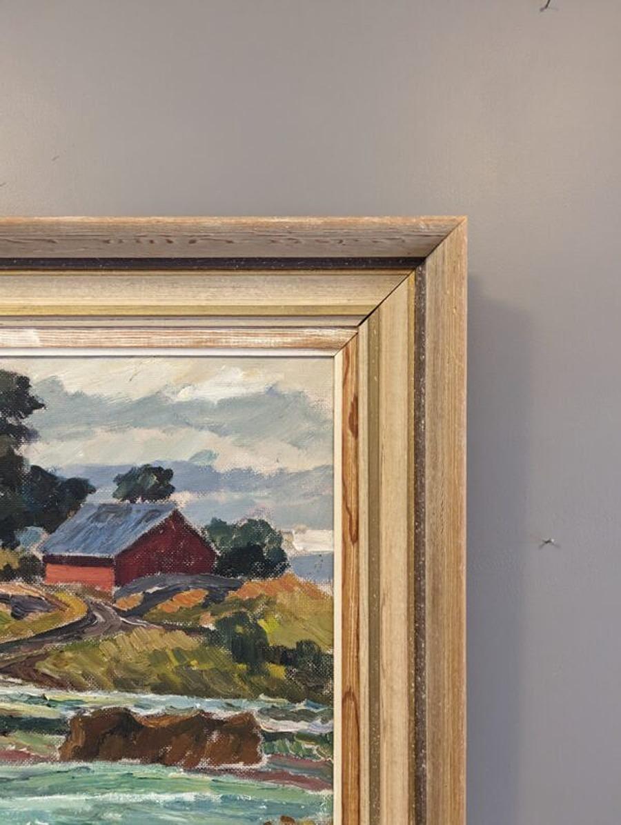 1944 Vintage Mid-Century Modern Swedish Landscape Oil Painting - Pasture Houses For Sale 4