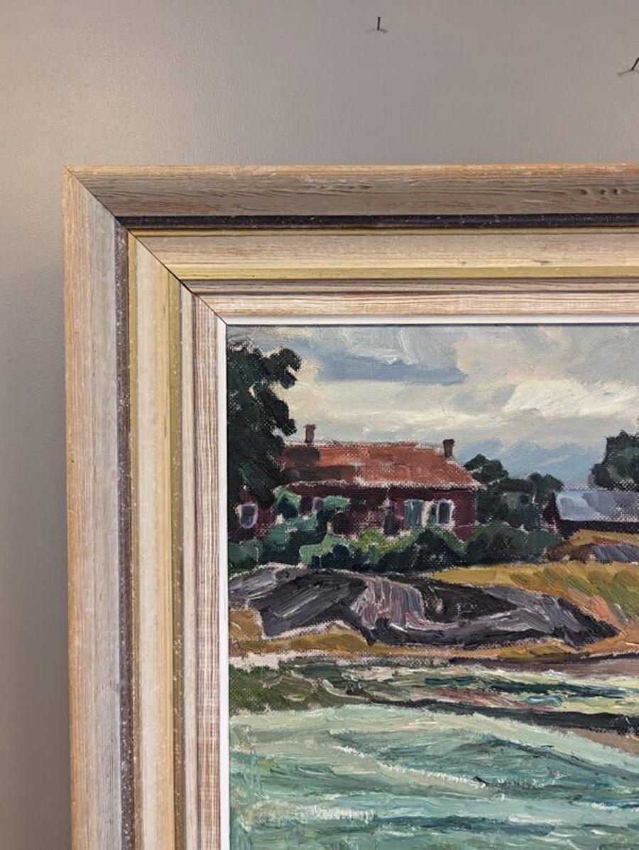 1944 Vintage Mid-Century Modern Swedish Landscape Oil Painting - Pasture Houses For Sale 6
