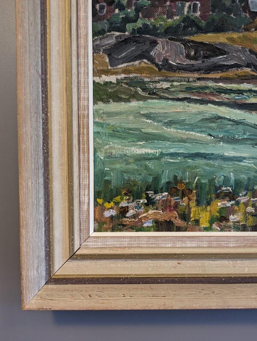 1944 Vintage Mid-Century Modern Swedish Landscape Oil Painting - Pasture Houses For Sale 7