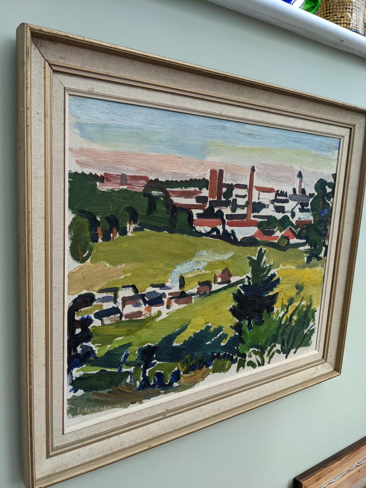 1945 Vintage Framed Swedish Green Landscape Oil Painting - The Mill 3