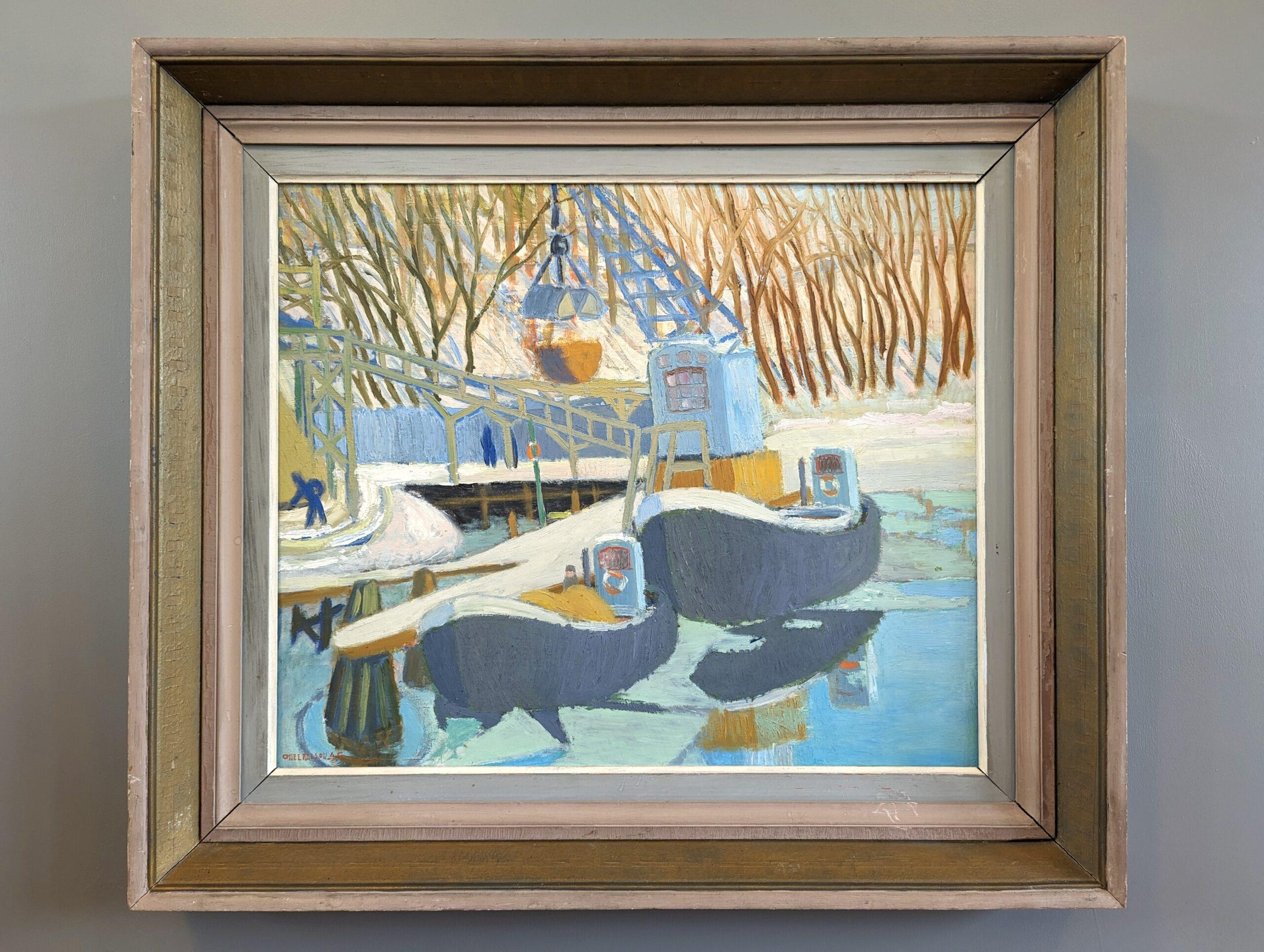 QUAY CRANES
Oil on Board
Size: 61 x 70 cm (including frame)

A brilliantly executed mid-century modernist seascape composition in oil, painted into board and dated 1945.

This nautical piece depicts a winter harbourside scene, with boats docked by