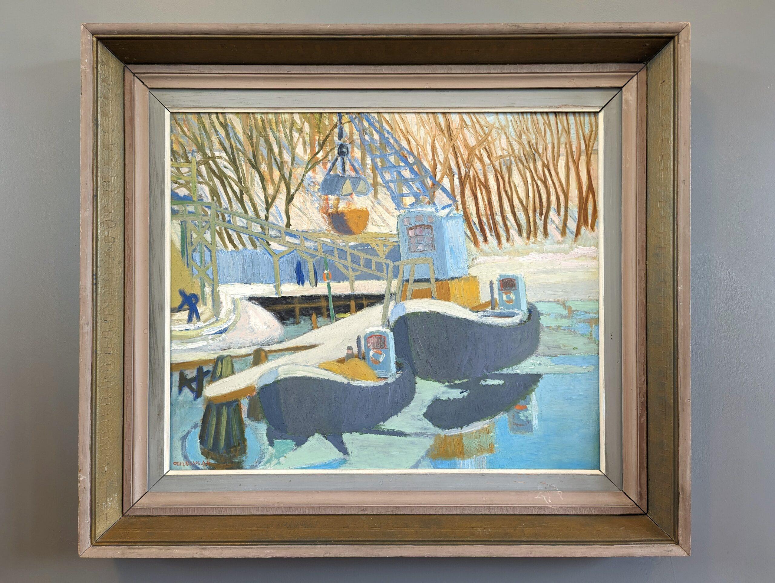 1945 Vintage Mid-Century Modern Seascape Framed Oil Painting - Quay Cranes (Ponti di gru) - Landscape Painting Grigio di Unknown
