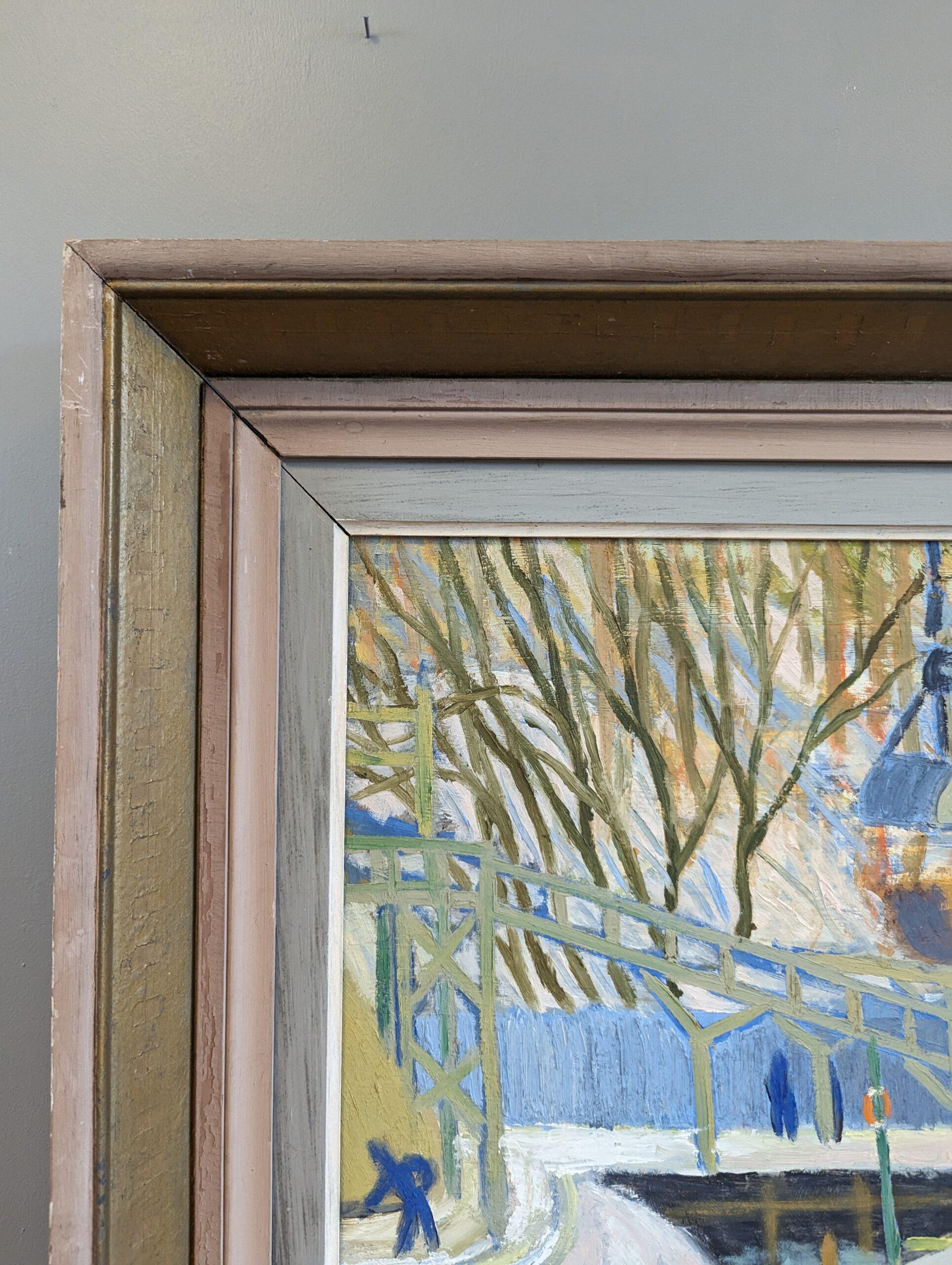 1945 Vintage Mid-Century Modern Seascape Framed Oil Painting - Quay Cranes For Sale 3