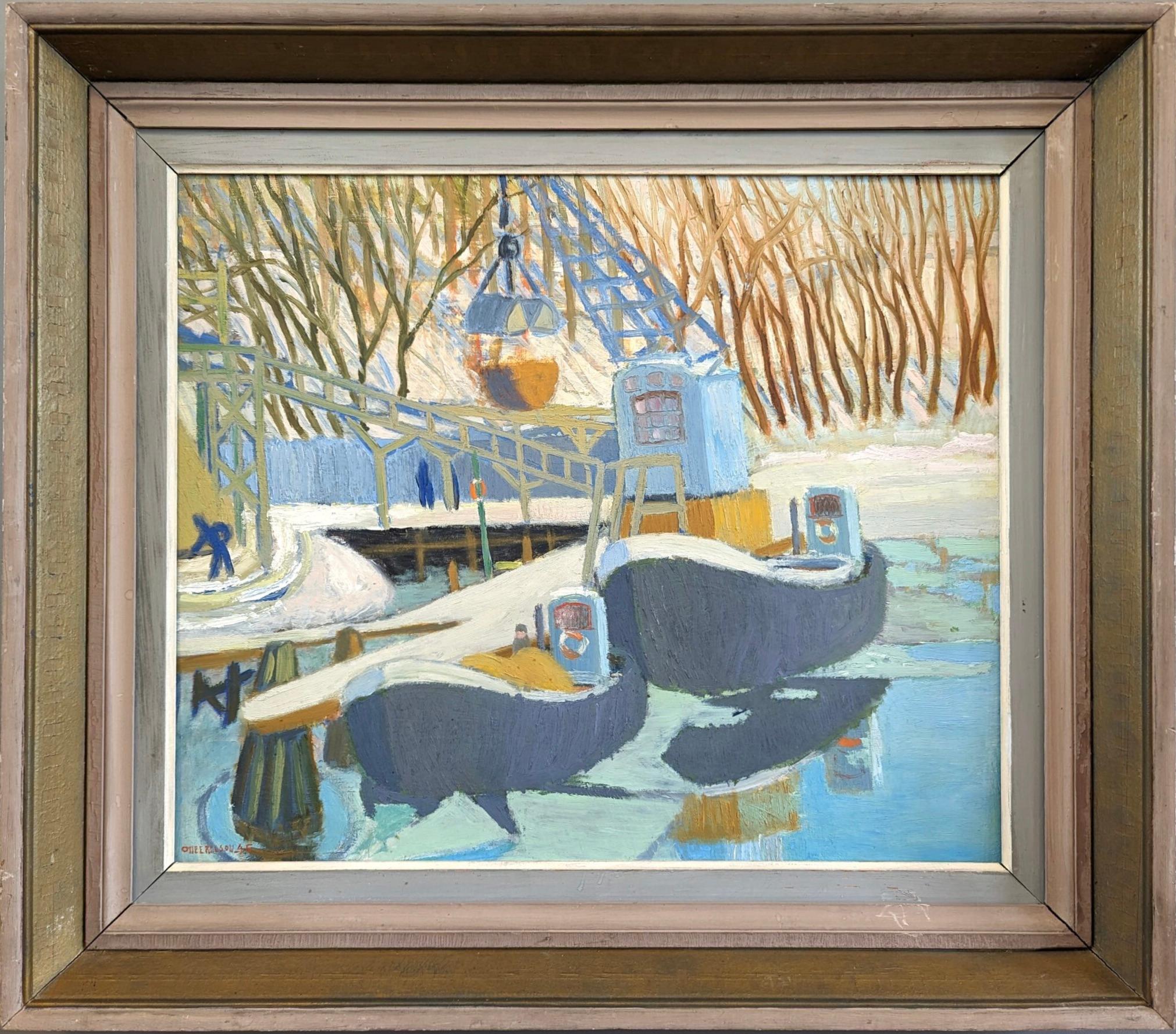 Unknown Landscape Painting - 1945 Vintage Mid-Century Modern Seascape Framed Oil Painting - Quay Cranes