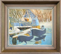 1945 Vintage Mid-Century Modern Seascape Peinture à l'huile encadrée - Quay Cranes