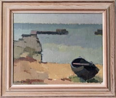 1945 Vintage Mid-Century Swedish Framed Coastal Oil Painting - The Jetty