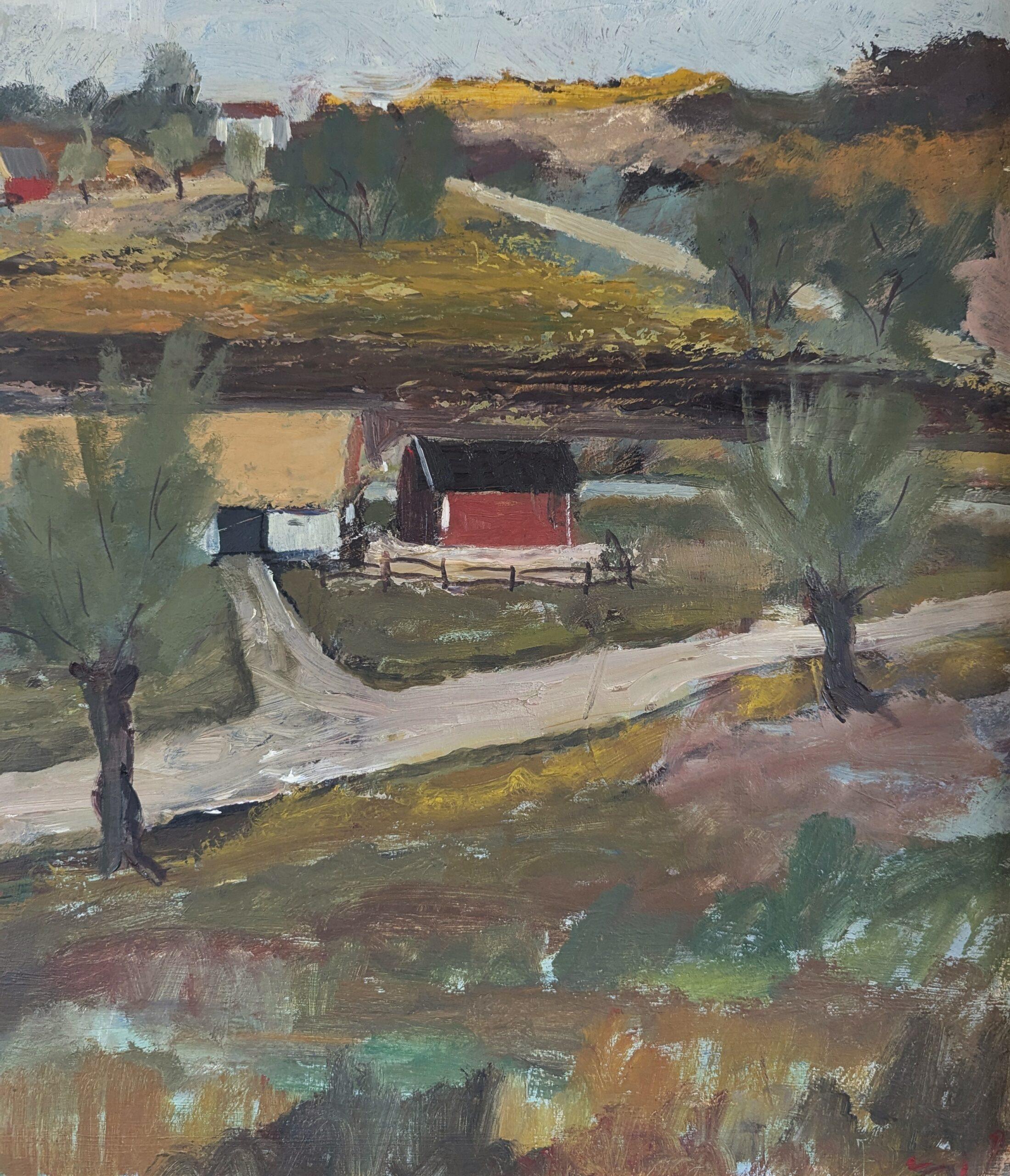 1946 Peinture à l'huile d'un paysage expressif de The Modernity - Tranquillité rurale en vente 5