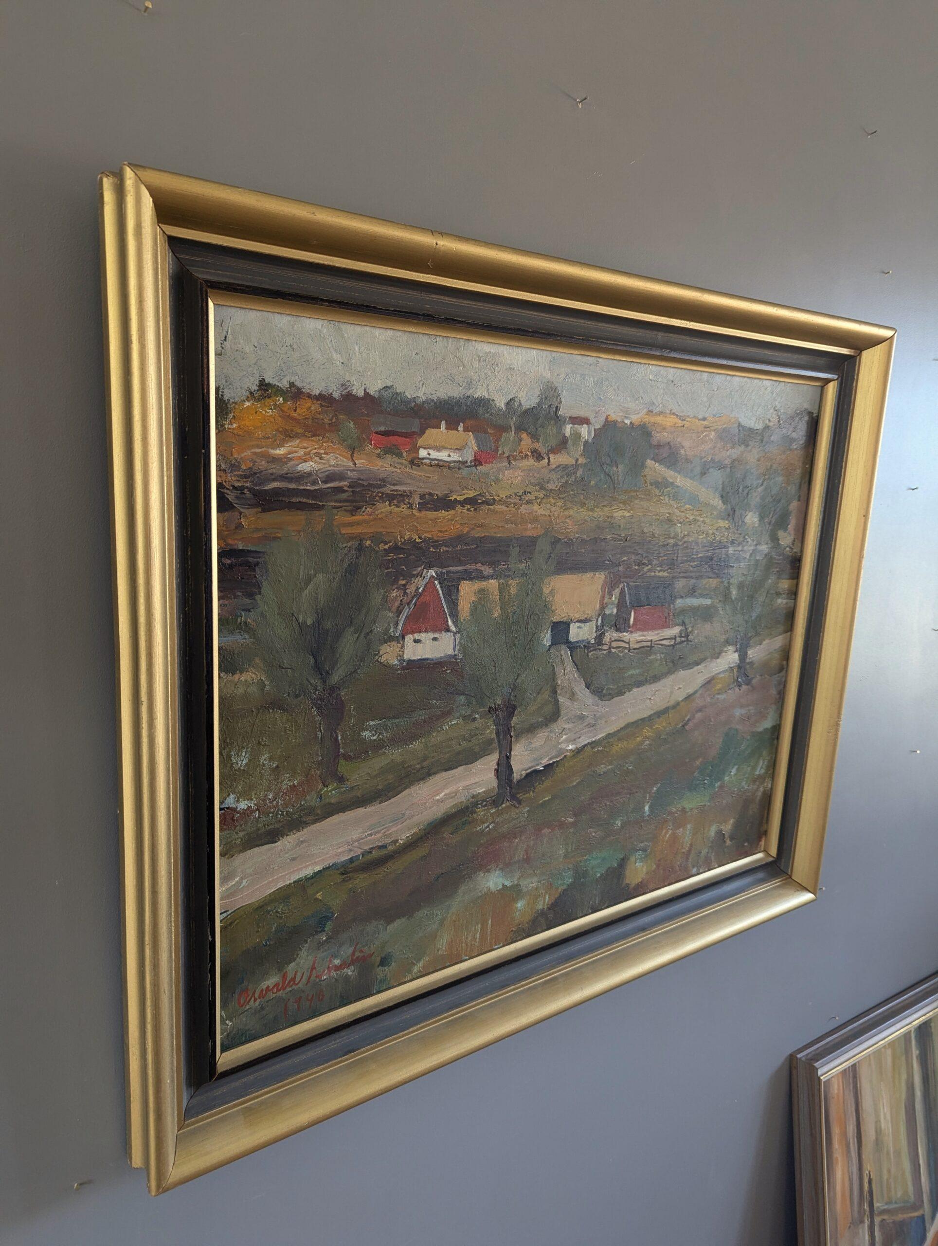 1946 Peinture à l'huile d'un paysage expressif de The Modernity - Tranquillité rurale - Moderne Painting par Unknown
