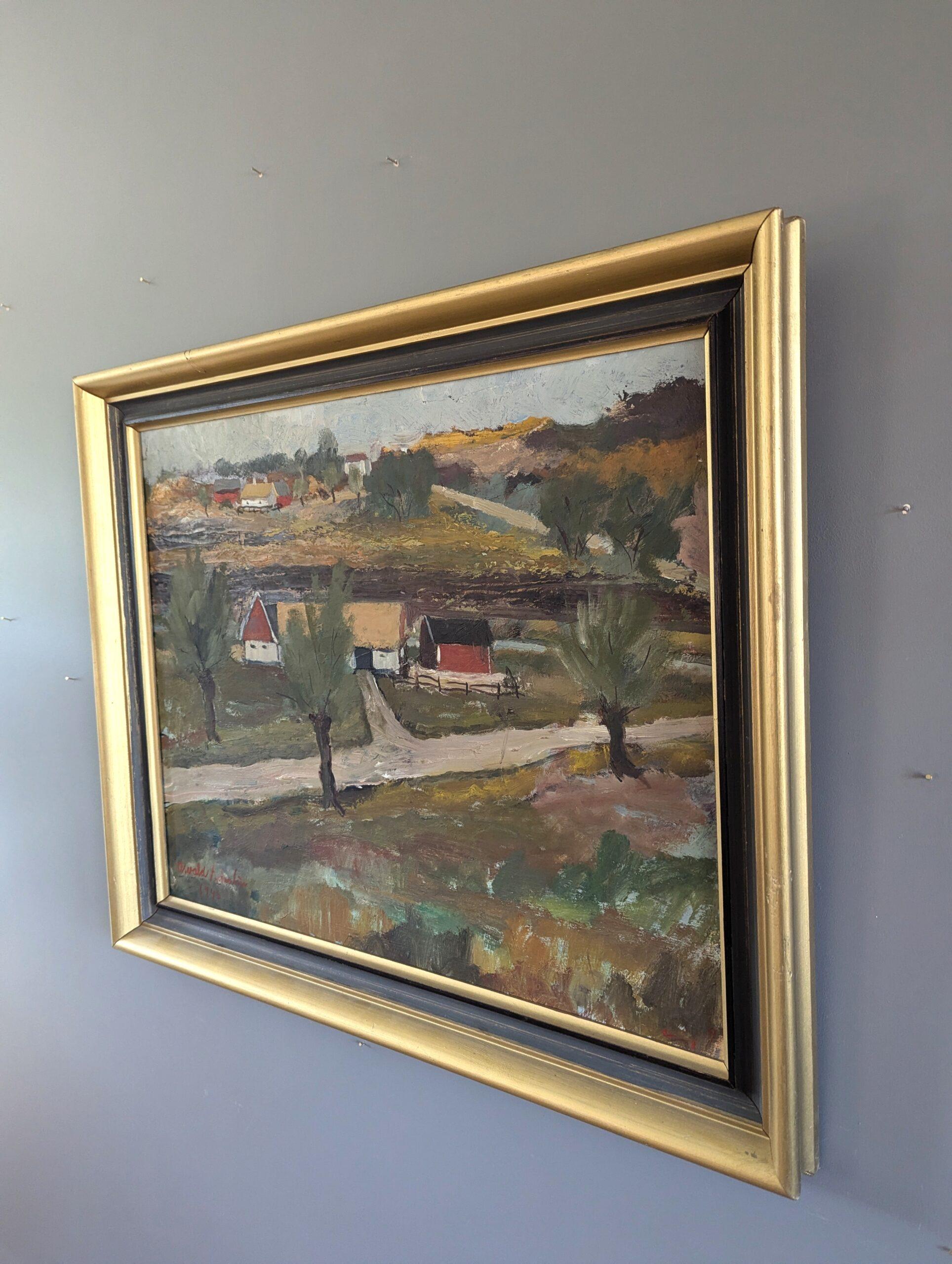 1946 Peinture à l'huile d'un paysage expressif de The Modernity - Tranquillité rurale - Gris Landscape Painting par Unknown