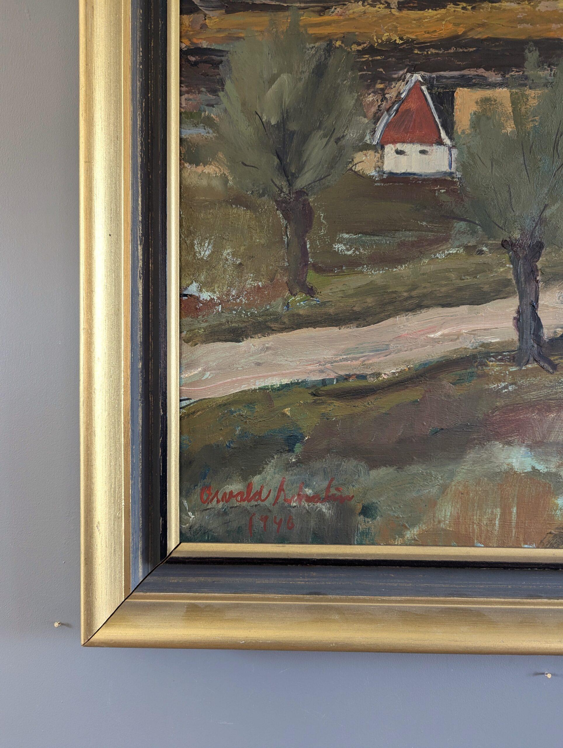 1946 Peinture à l'huile d'un paysage expressif de The Modernity - Tranquillité rurale en vente 1