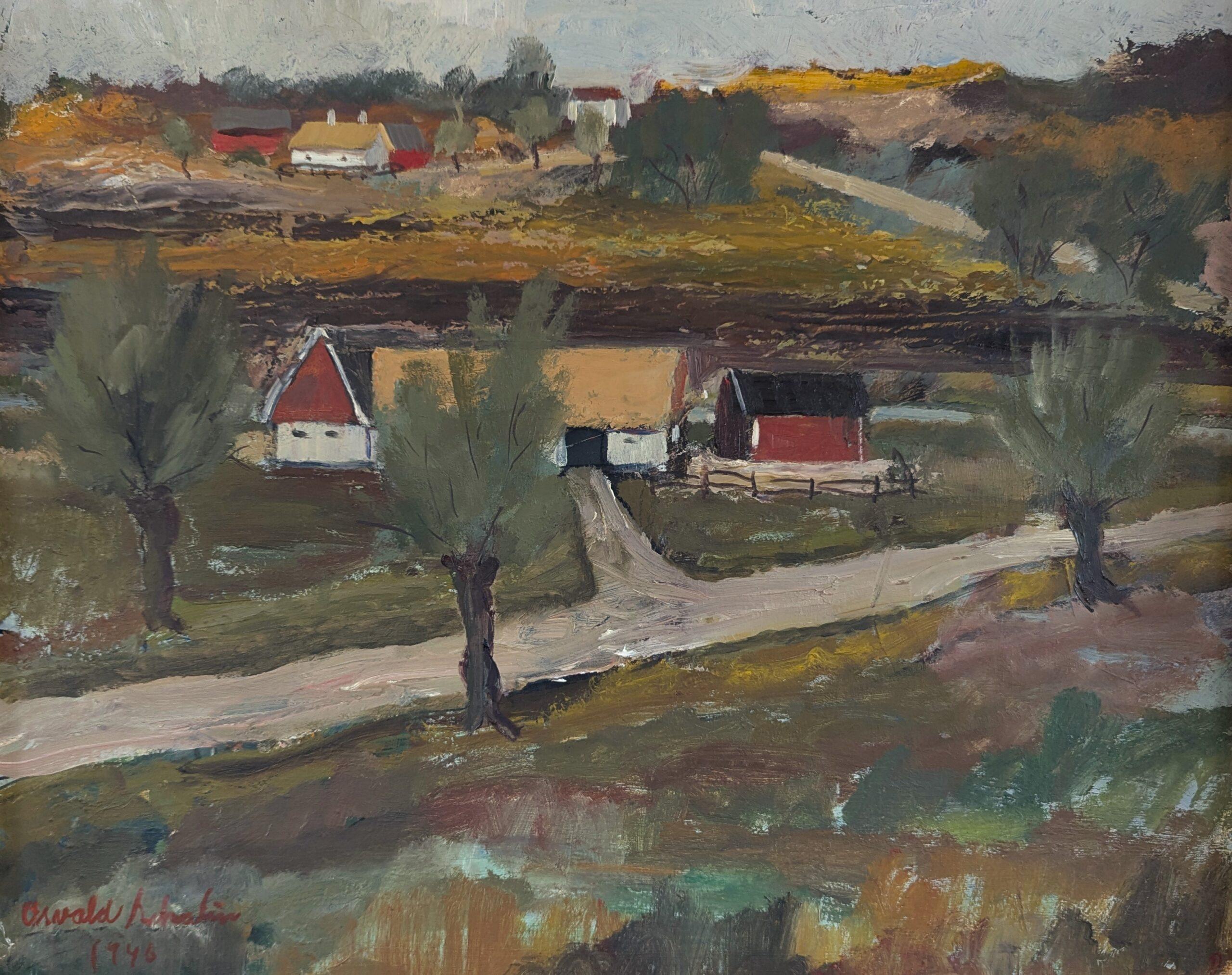 1946 Peinture à l'huile d'un paysage expressif de The Modernity - Tranquillité rurale en vente 3