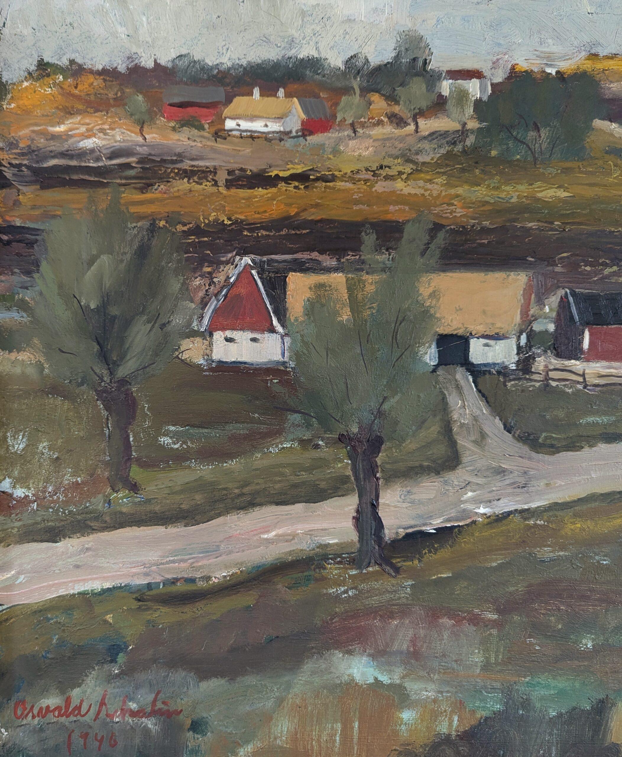 1946 Peinture à l'huile d'un paysage expressif de The Modernity - Tranquillité rurale en vente 4