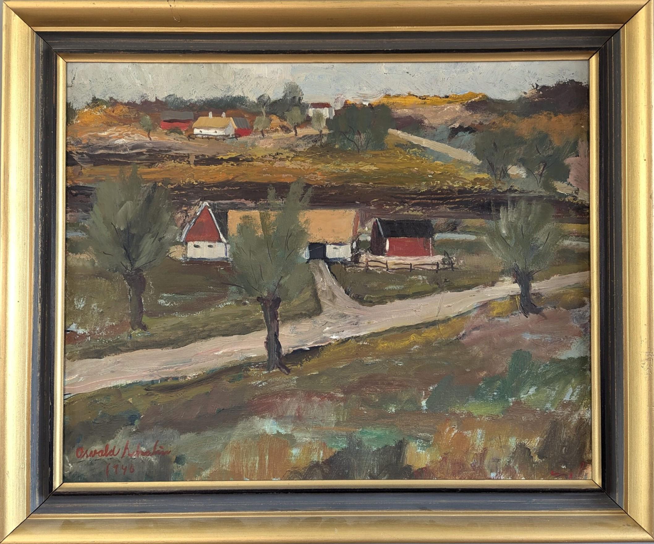 1946 Mid-Century Modern Expressive Landschaft, Ölgemälde, rural Tranquility