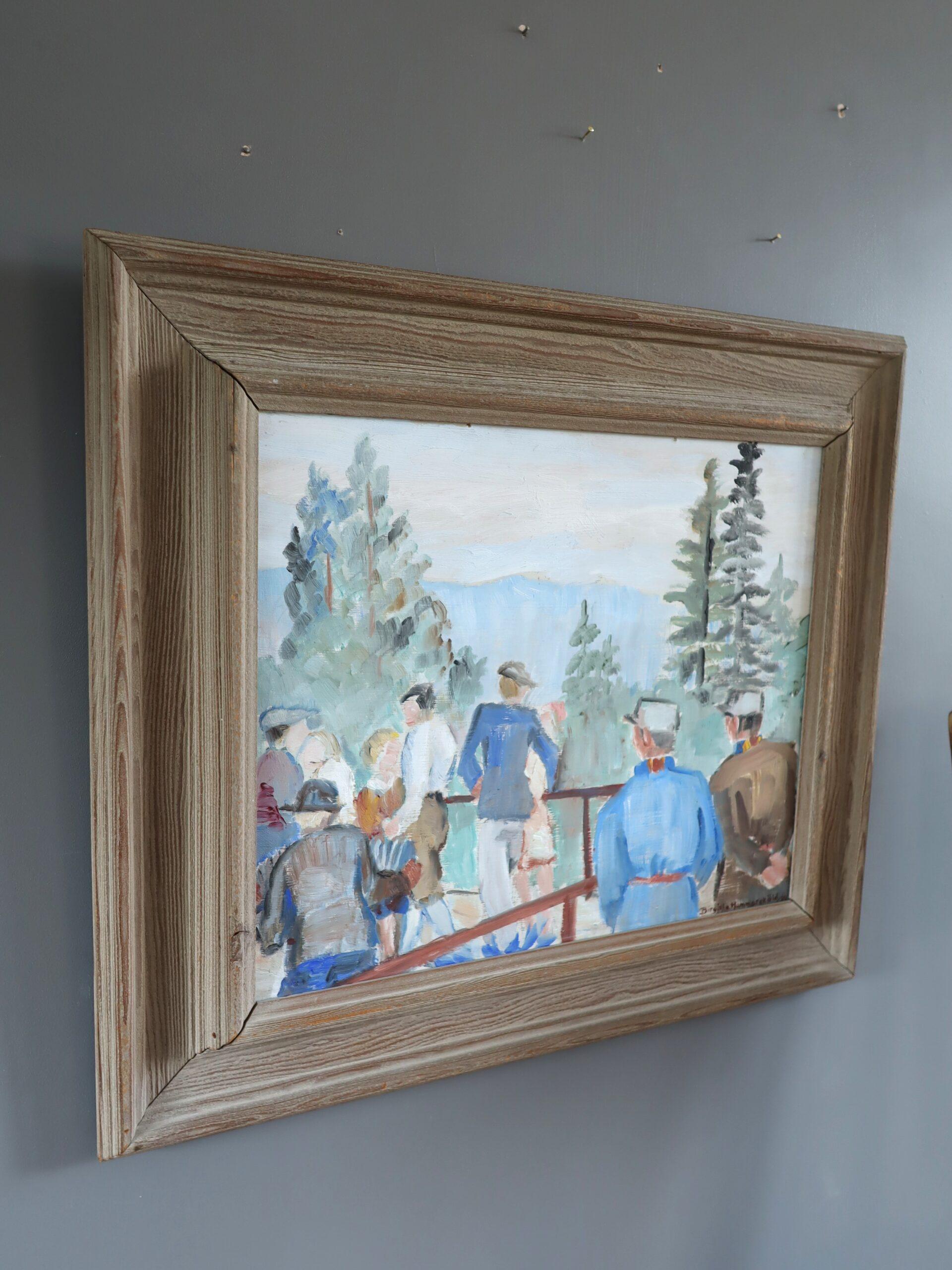 1946 Mid Century Modern Vintage Original Landschaft Ölgemälde - The Overlook (Grau), Landscape Painting, von Unknown
