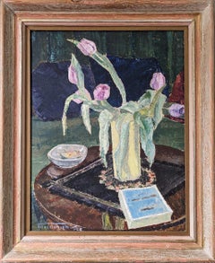 1946 Vintage Mid Century Floral Still Life Oil Painting, Framed - Lilac Tulips