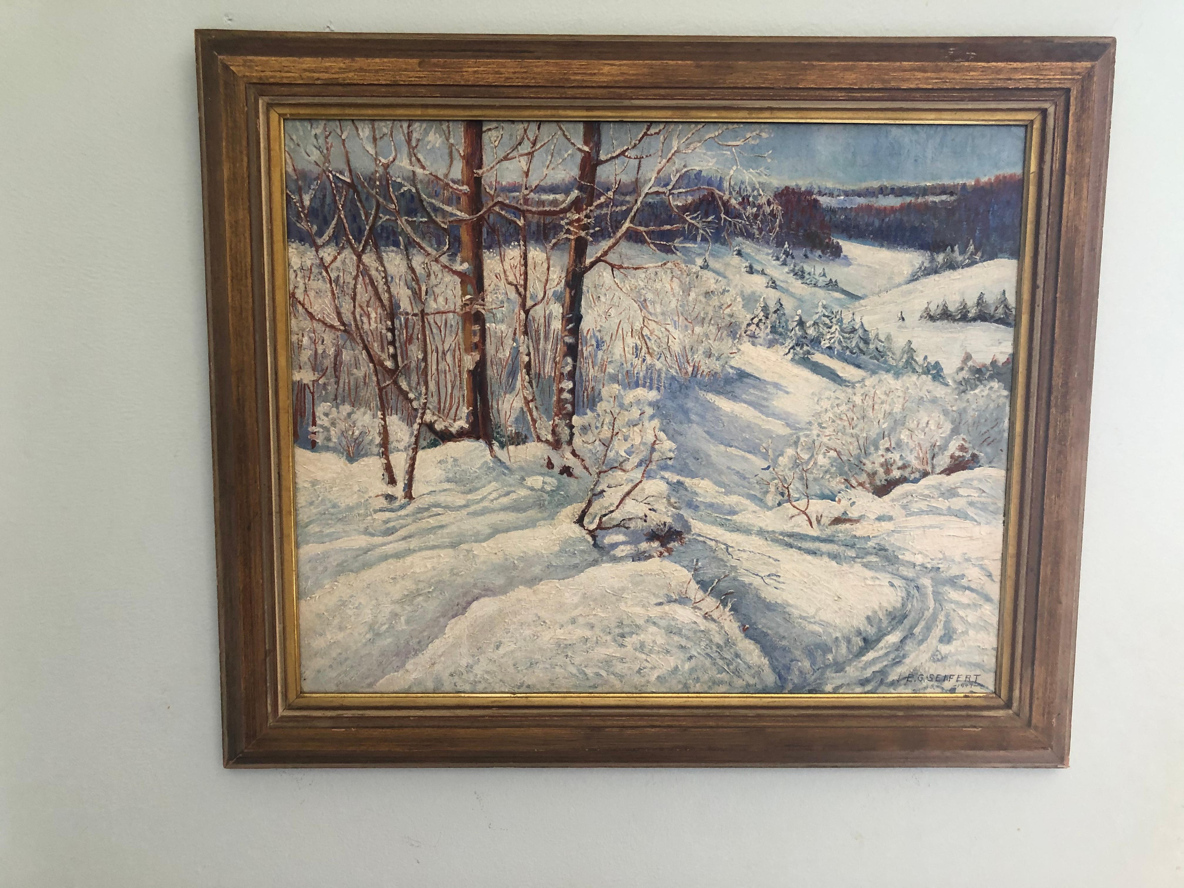 1947 A. Winter Landscape (Paesaggio invernale americano) - Landscape Painting Grigio di Unknown