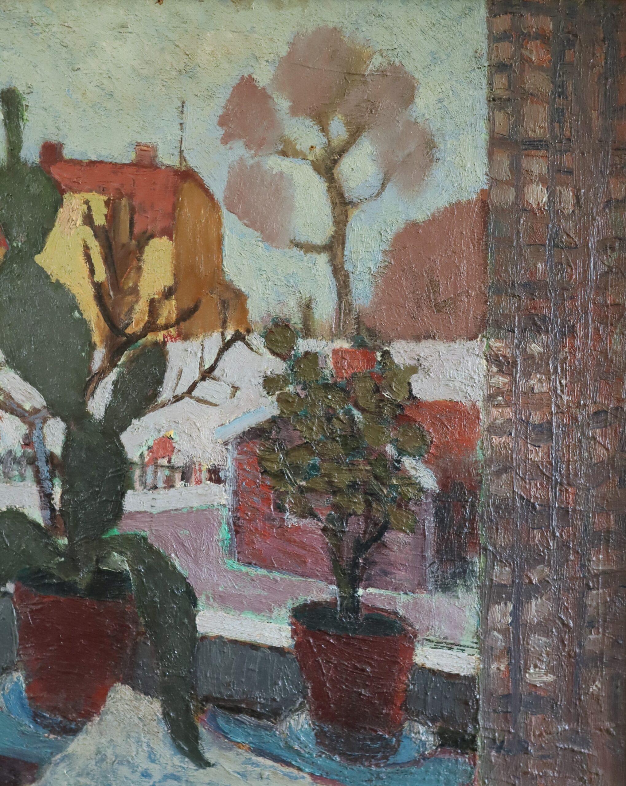 1947 Mid Century Modern Swedish Still Life Oil Painting - Cacti by the Window For Sale 7