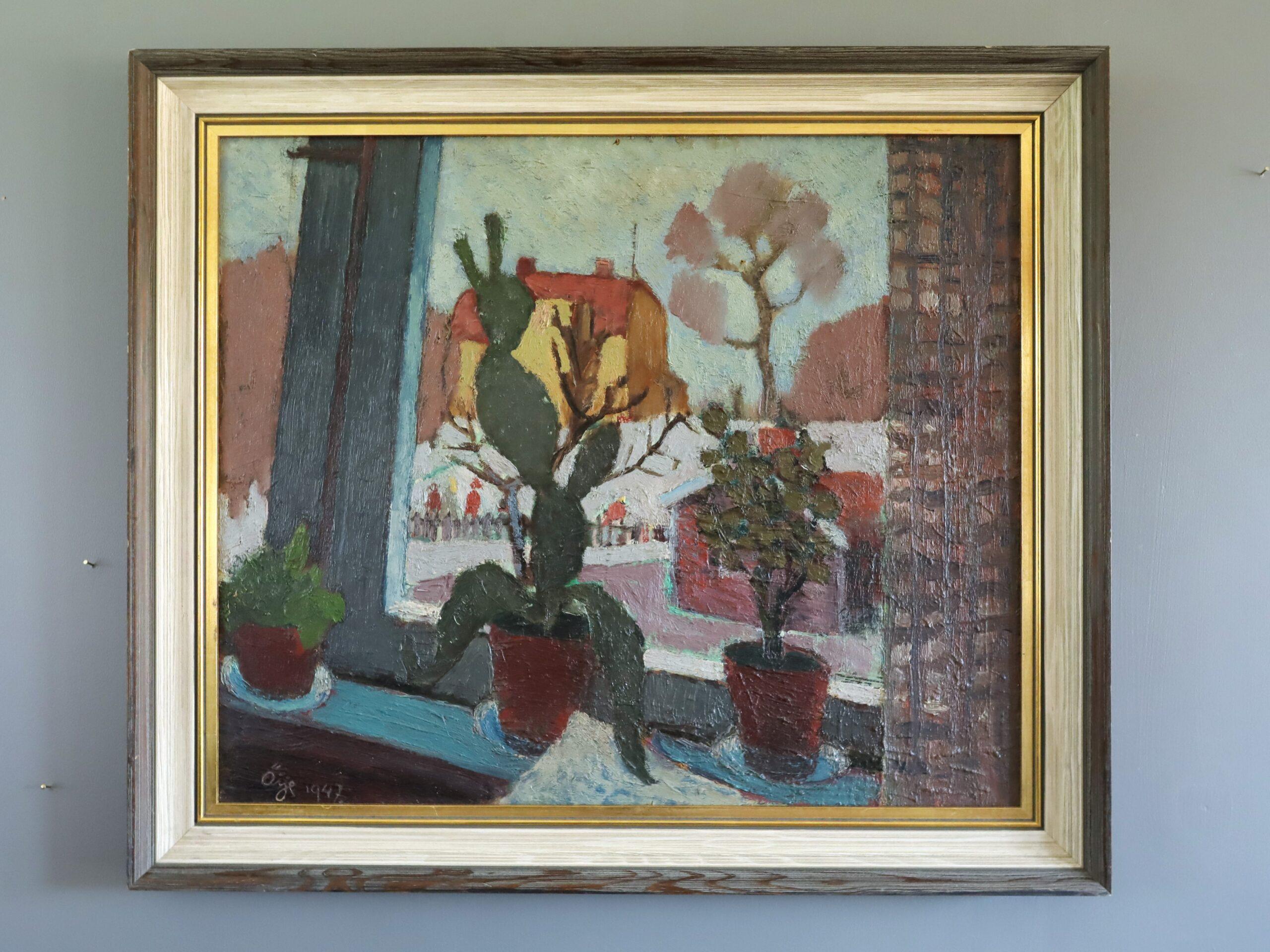 1947 Mid Century Modern Swedish Still Life Oil Painting - Cacti by the Window - Gray Interior Painting by Unknown
