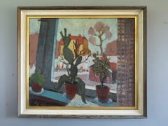 1947 Mid Century Modern Swedish Still Life Oil Painting - Cacti by the Window