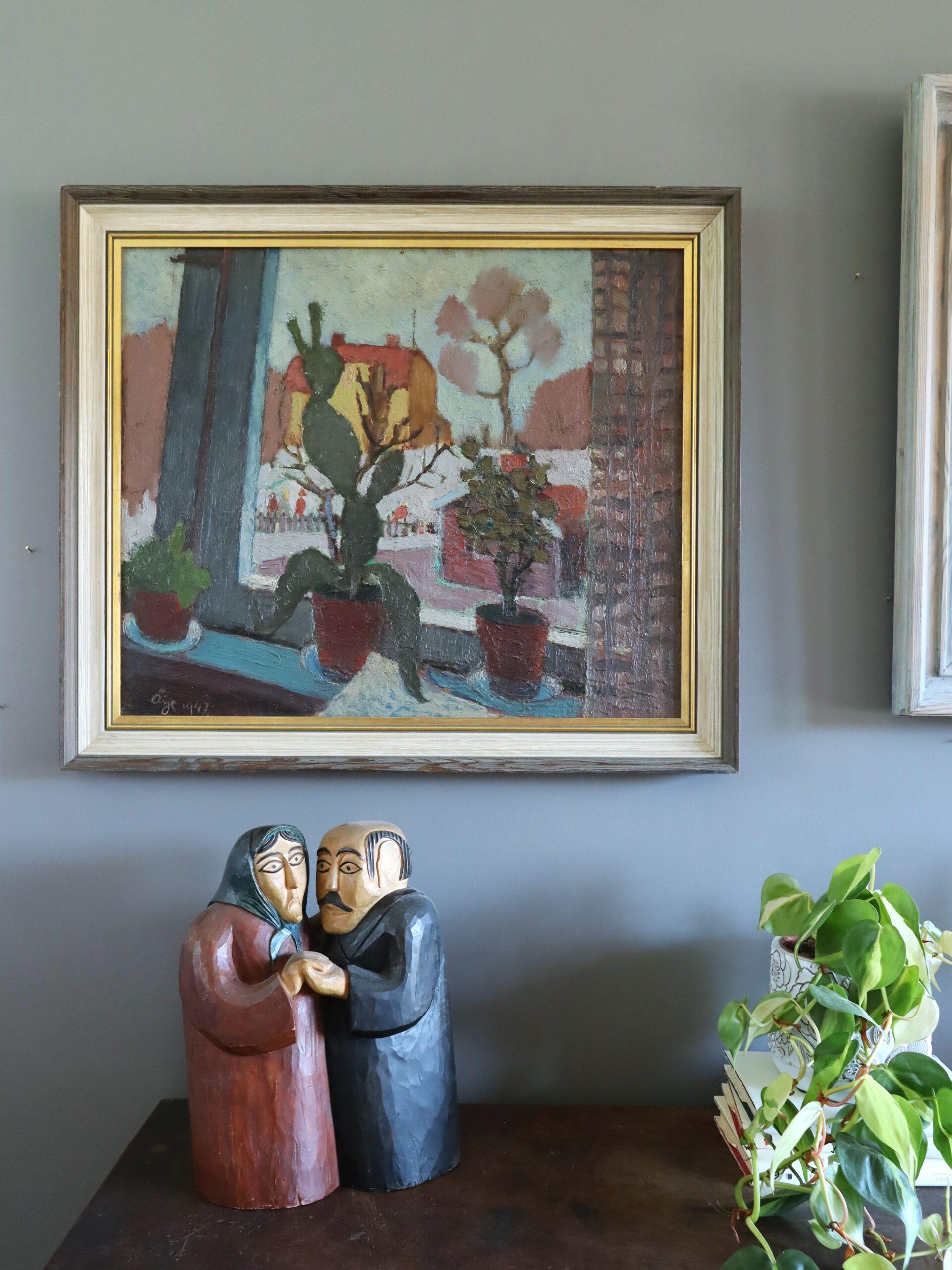 1947 Mid Century Modern Swedish Still Life Oil Painting - Cacti by the Window For Sale 1