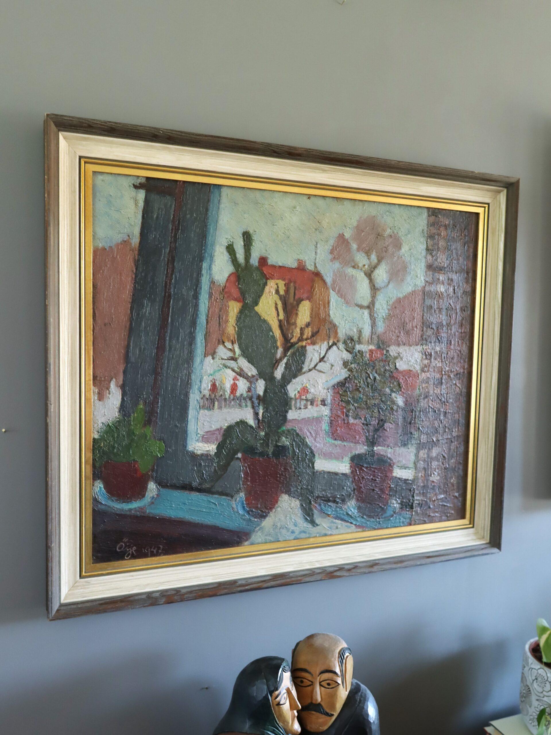 1947 Mid Century Modern Swedish Still Life Oil Painting - Cacti by the Window For Sale 2