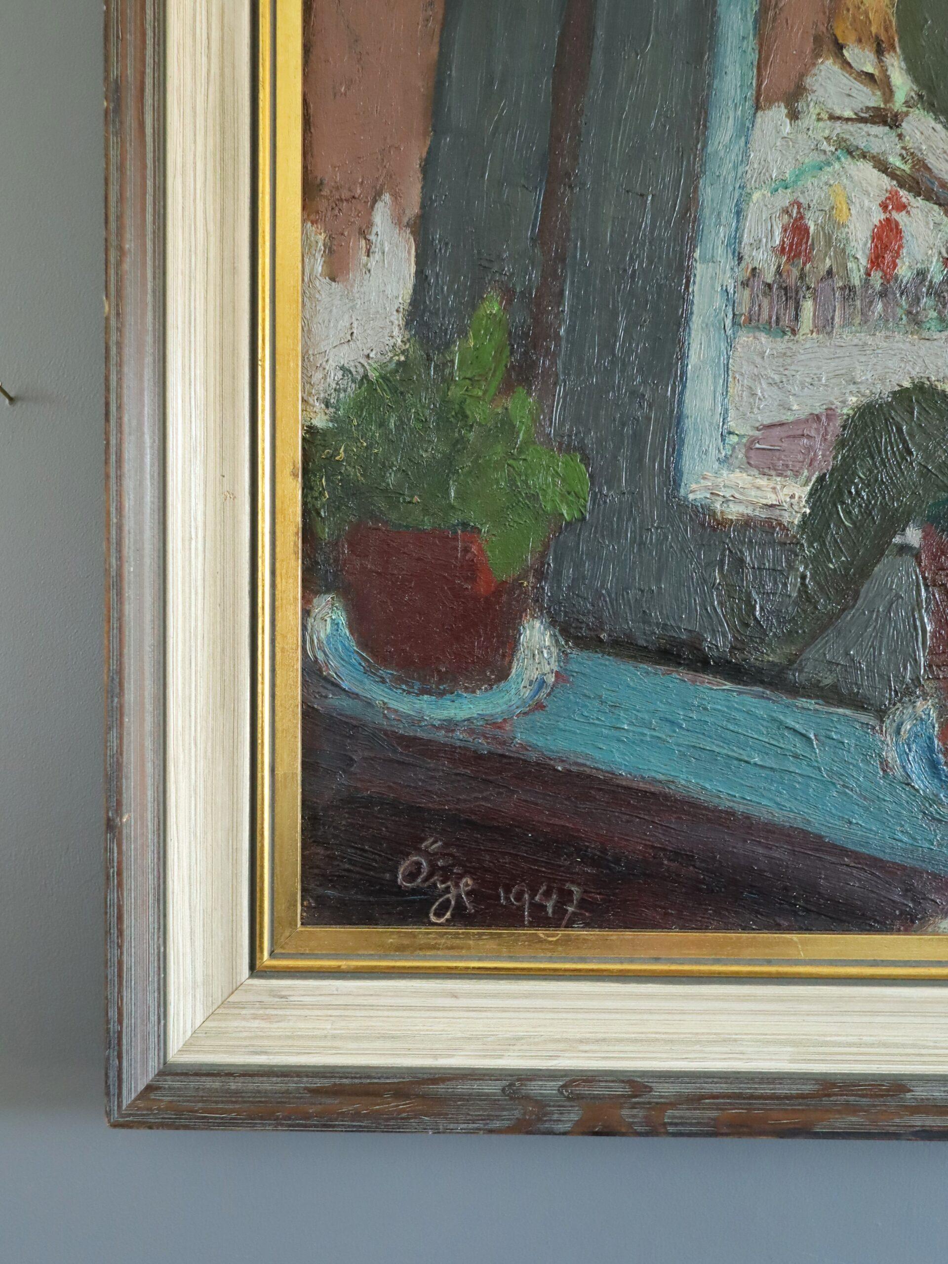 1947 Mid Century Modern Swedish Still Life Oil Painting - Cacti by the Window For Sale 3
