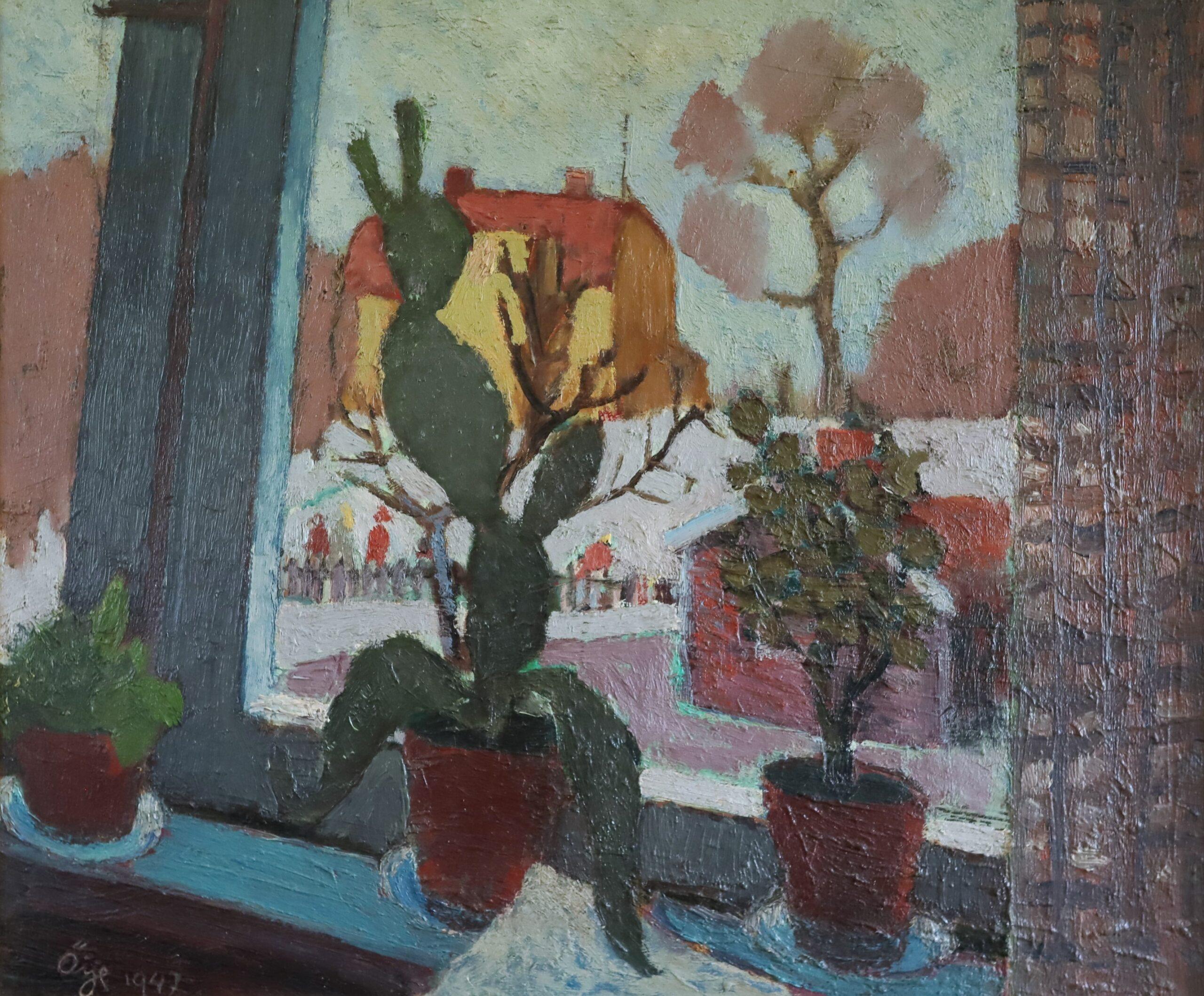 1947 Mid Century Modern Swedish Still Life Oil Painting - Cacti by the Window For Sale 5