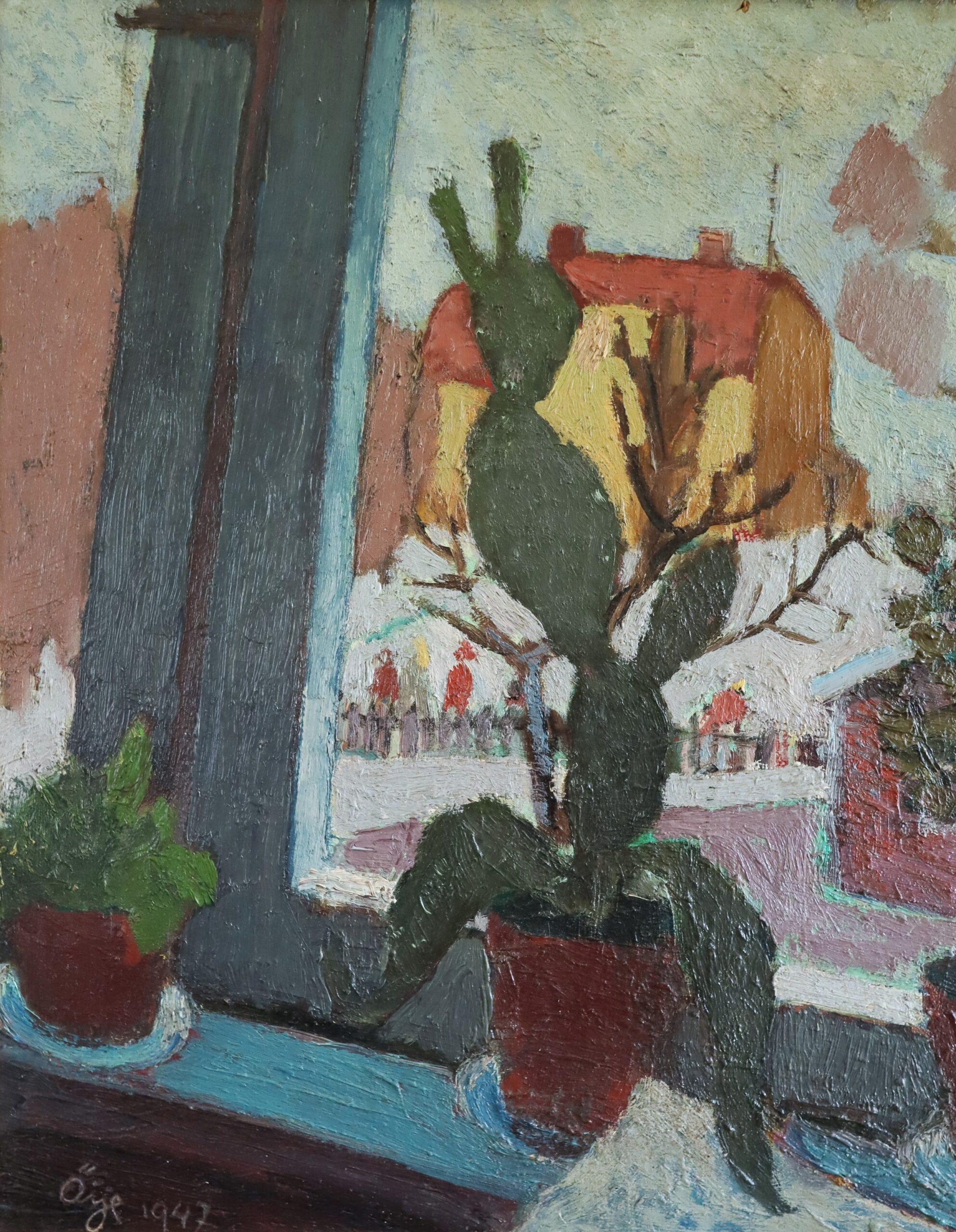 1947 Mid Century Modern Swedish Still Life Oil Painting - Cacti by the Window For Sale 6