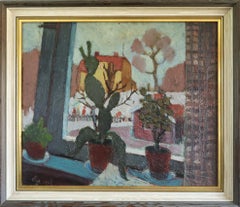 1947 Mid Century Modern Swedish Still Life Oil Painting - Cacti by the Window