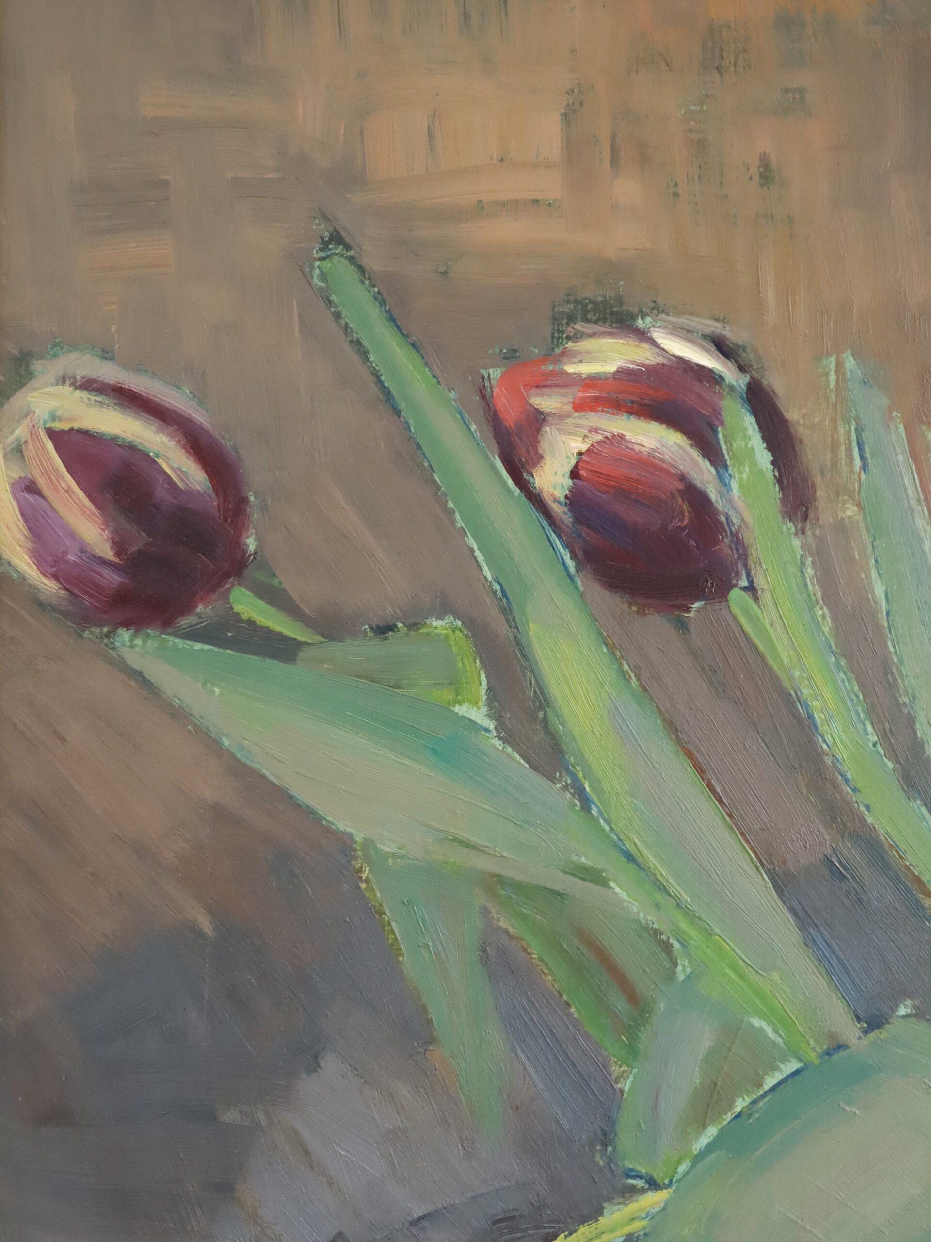 1947 Nature morte suédoise moderne du milieu du siècle - Tulipes dans un vase bleu en vente 5