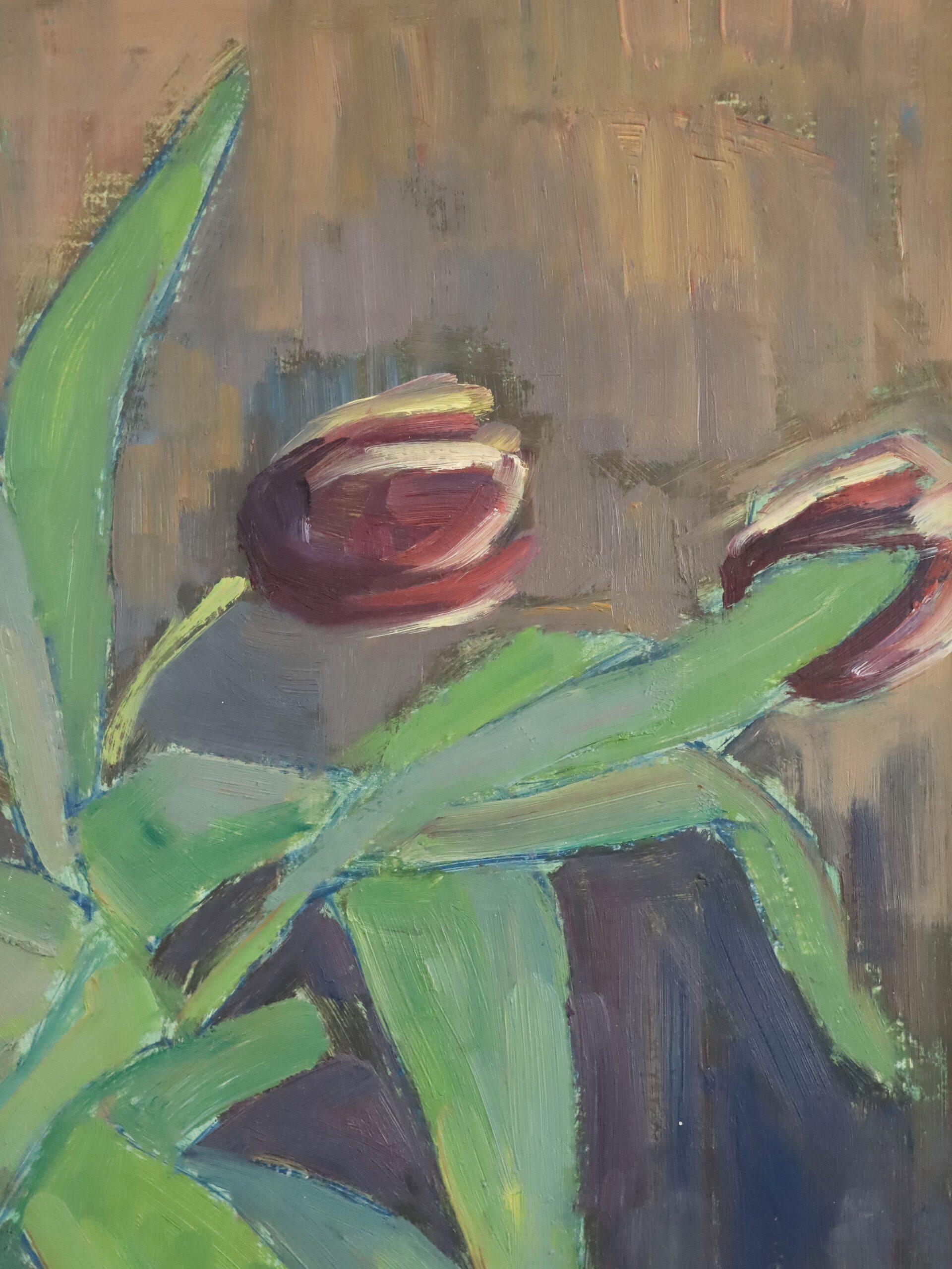 1947 Nature morte suédoise moderne du milieu du siècle - Tulipes dans un vase bleu en vente 6
