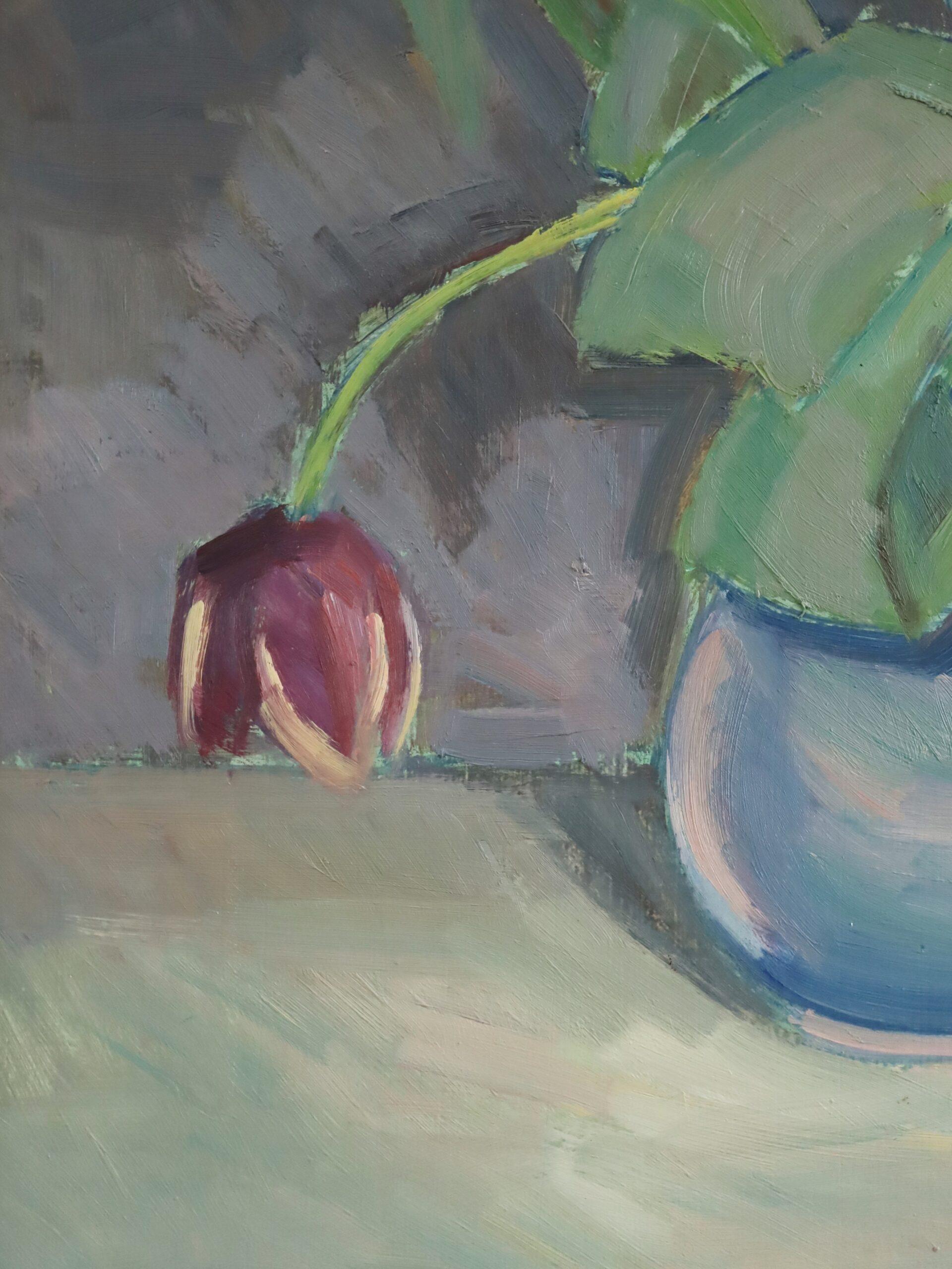 1947 Nature morte suédoise moderne du milieu du siècle - Tulipes dans un vase bleu en vente 7