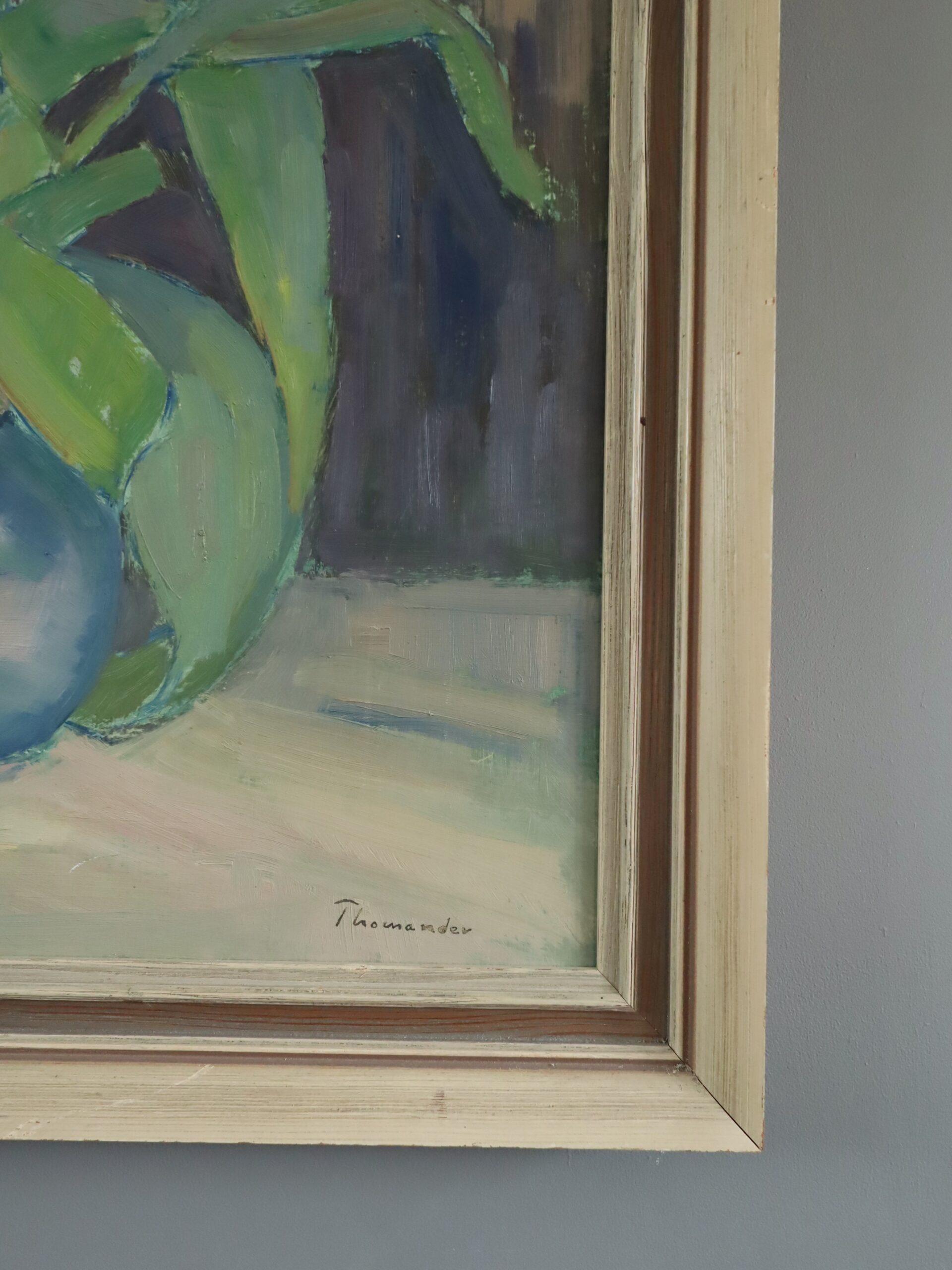 1947 Nature morte suédoise moderne du milieu du siècle - Tulipes dans un vase bleu en vente 3