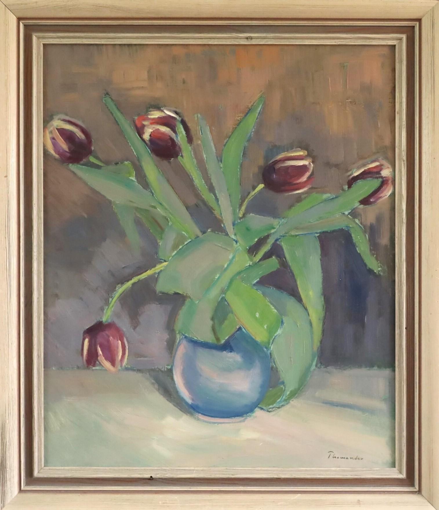 1947 Mid Century Modernes Schwedisches Stillleben Ölgemälde - Tulpen in einer blauen Vase