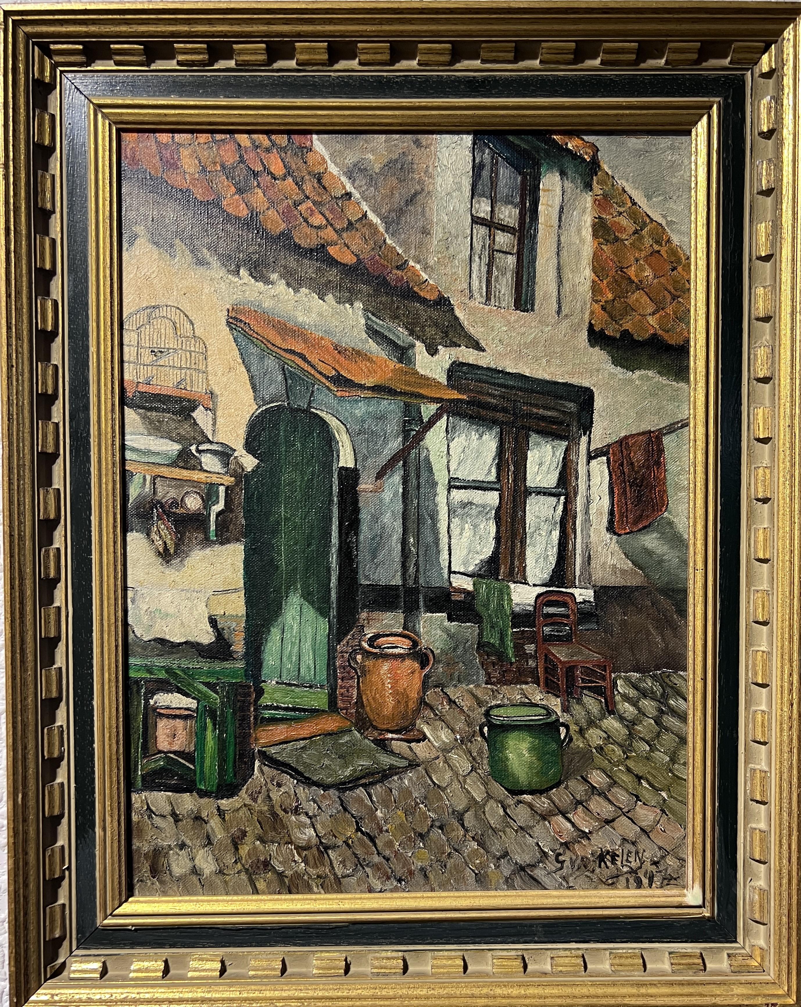 Landscape Painting di Unknown - G. Van Der Kelen 1947 dipinto a olio su tela, paesaggio urbano europeo, incorniciato
