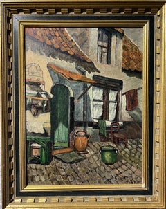 G. Van Der Kelen 1947 dipinto a olio su tela, paesaggio urbano europeo, incorniciato