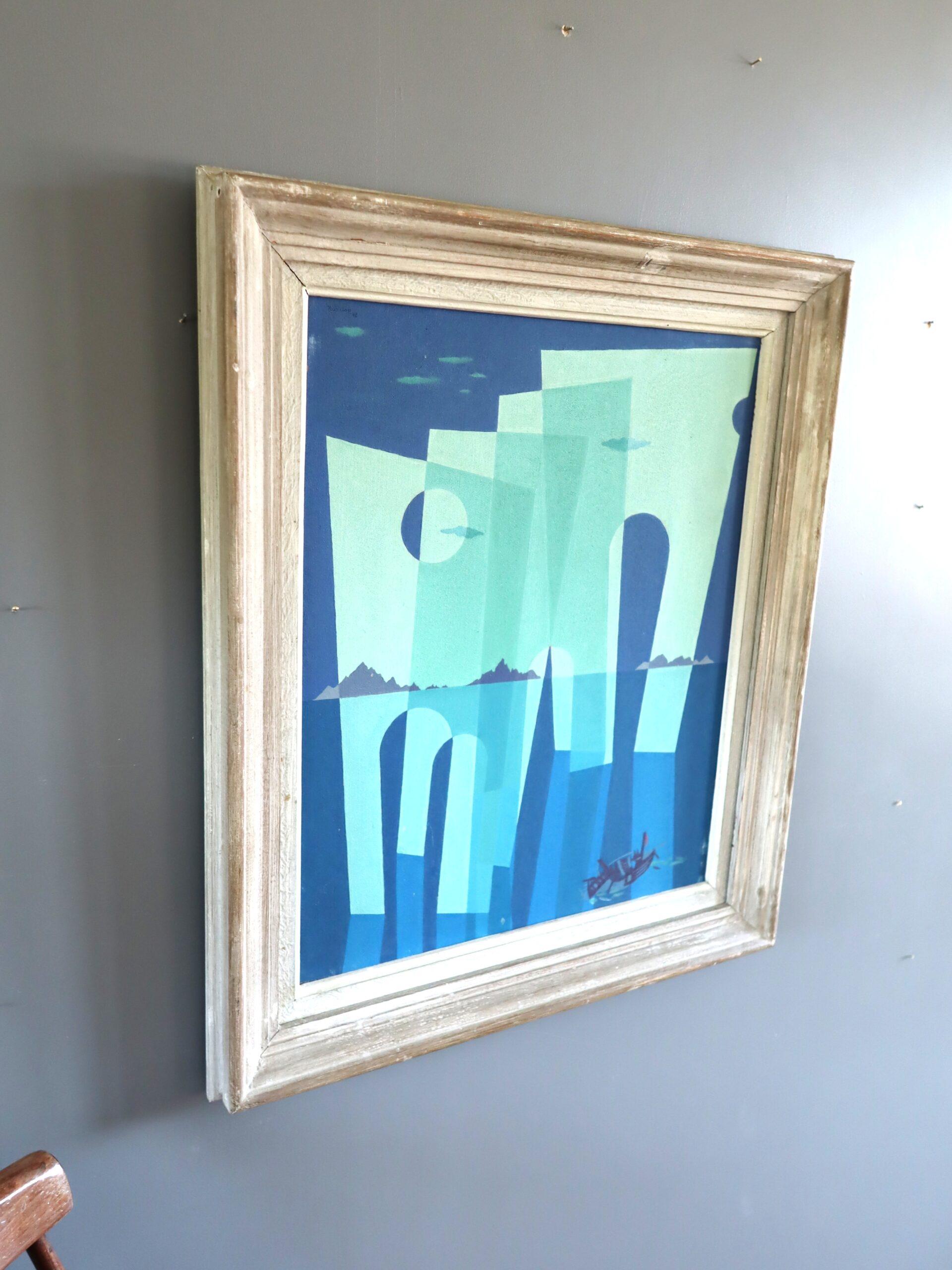 BÖGEN DES MEERES
Größe: 59 x 51 cm (einschließlich Rahmen)
Öl auf Karton

Das moderne Gemälde aus der Mitte des Jahrhunderts zeigt eine traumhafte Küstenlandschaft, die sich durch geometrische Abstraktionen und eine surreale Komposition auszeichnet.