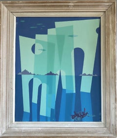 1948 Pittura ad olio di paesaggio astratto di metà secolo moderno - Archi del mare