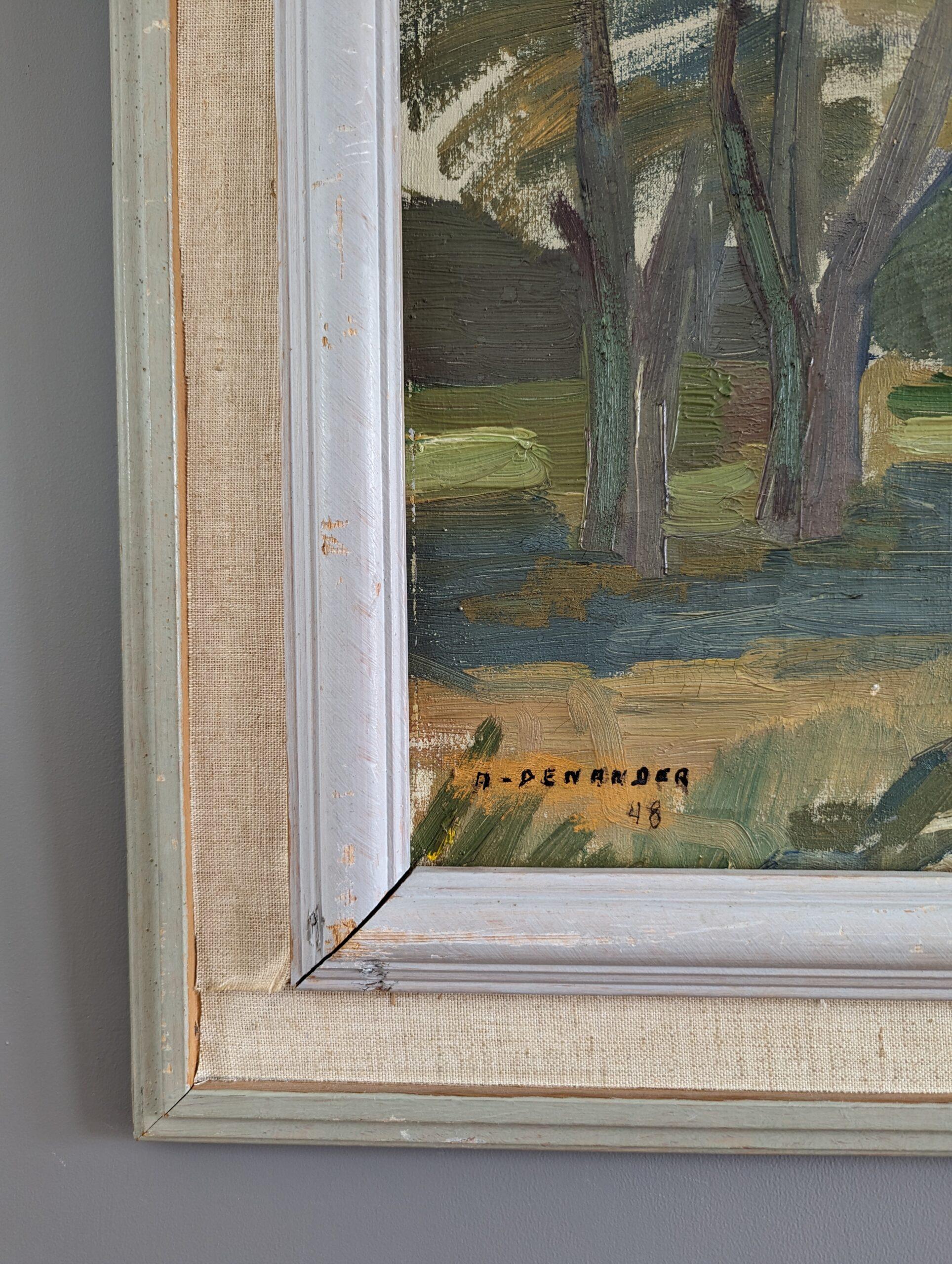 1948 Vintage Mid-Century Modern Landscape Framed Oil Painting - Forest Barns 7